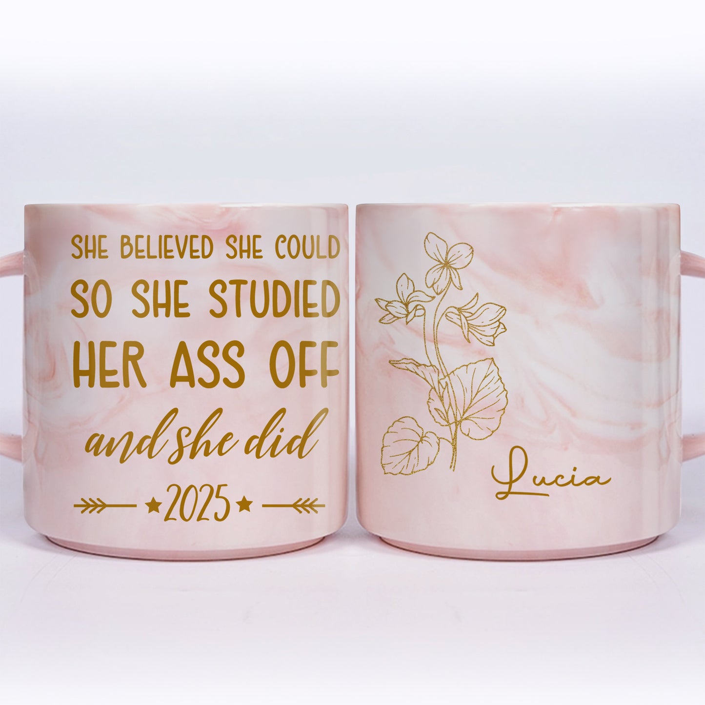 She Believed She Could and She Did Motivational Flowers Design - Personalized Custom Pink Marble Mug - GRAD004_PMAM