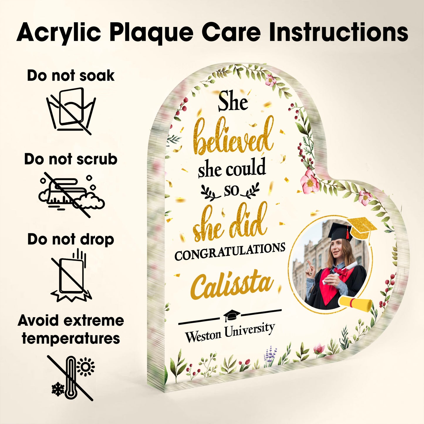 She Believed She Could So She Did, Flowers And Graduation Cap - Personalized Heart Shaped Acrylic Plaque - GRAD006_HAP