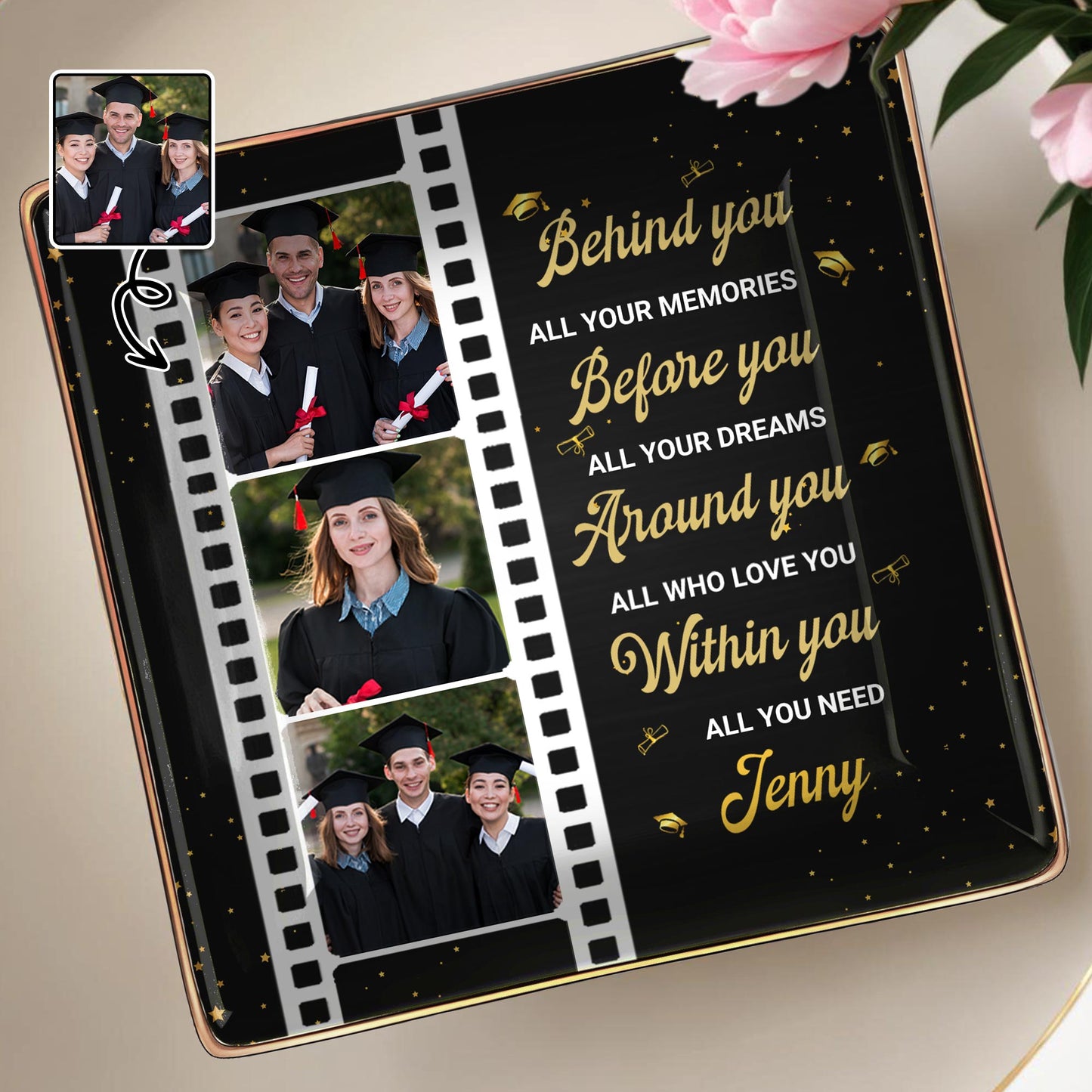 Behind You All Your Memories, Film Strip and Graduation Caps - Personalized Custom Jewelry Dish, Ceramic Dish, Square Shape - GRAD032_SCRF