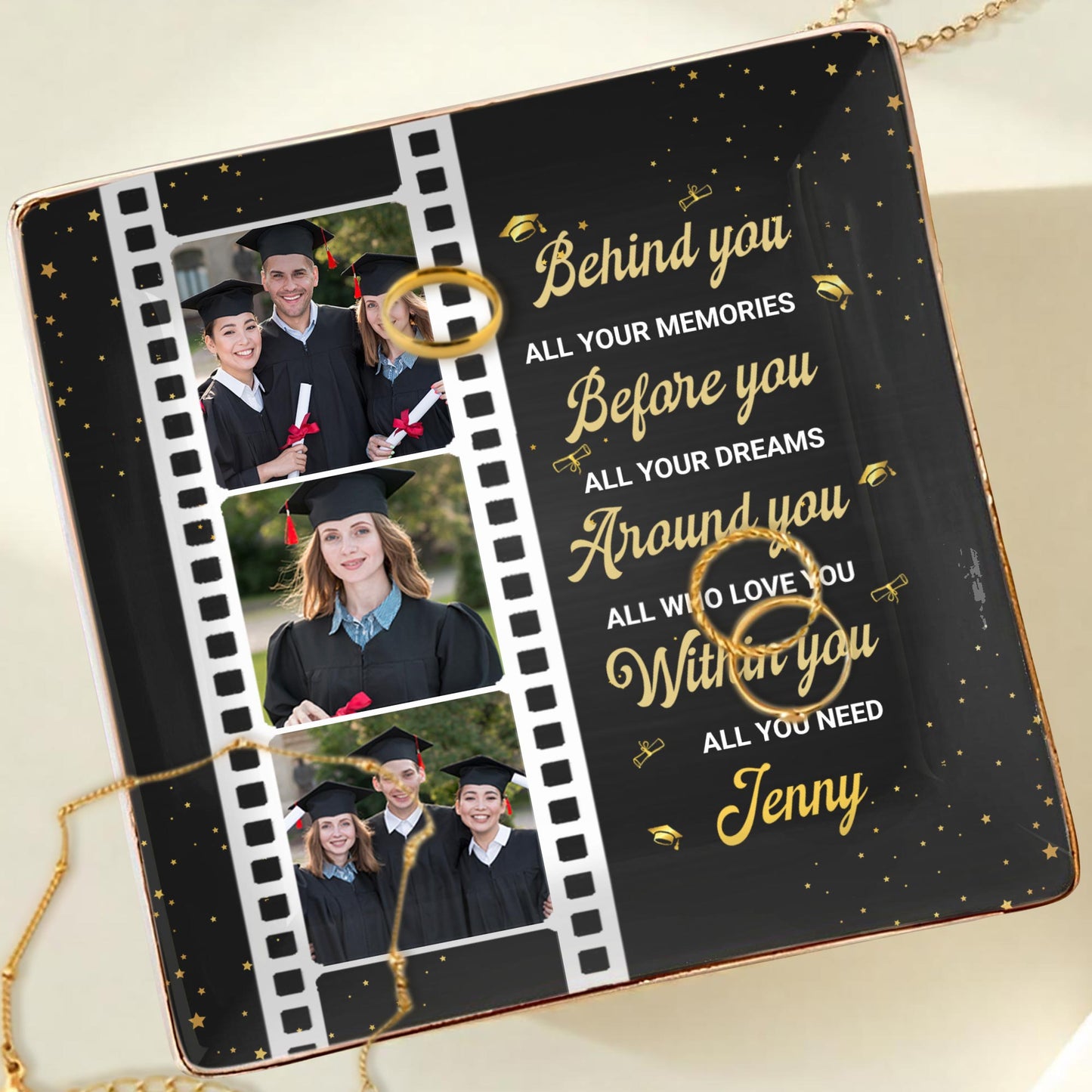 Behind You All Your Memories, Film Strip and Graduation Caps - Personalized Custom Jewelry Dish, Ceramic Dish, Square Shape - GRAD032_SCRF