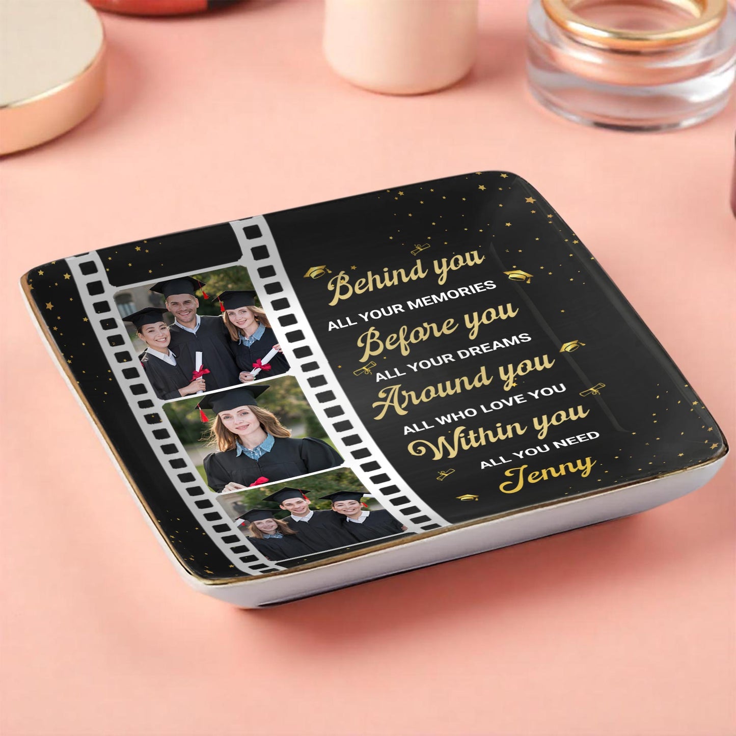 Behind You All Your Memories, Film Strip and Graduation Caps - Personalized Custom Jewelry Dish, Ceramic Dish, Square Shape - GRAD032_SCRF