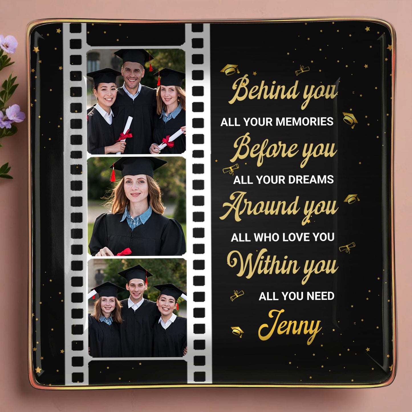 Behind You All Your Memories, Film Strip and Graduation Caps - Personalized Custom Jewelry Dish, Ceramic Dish, Square Shape - GRAD032_SCRF