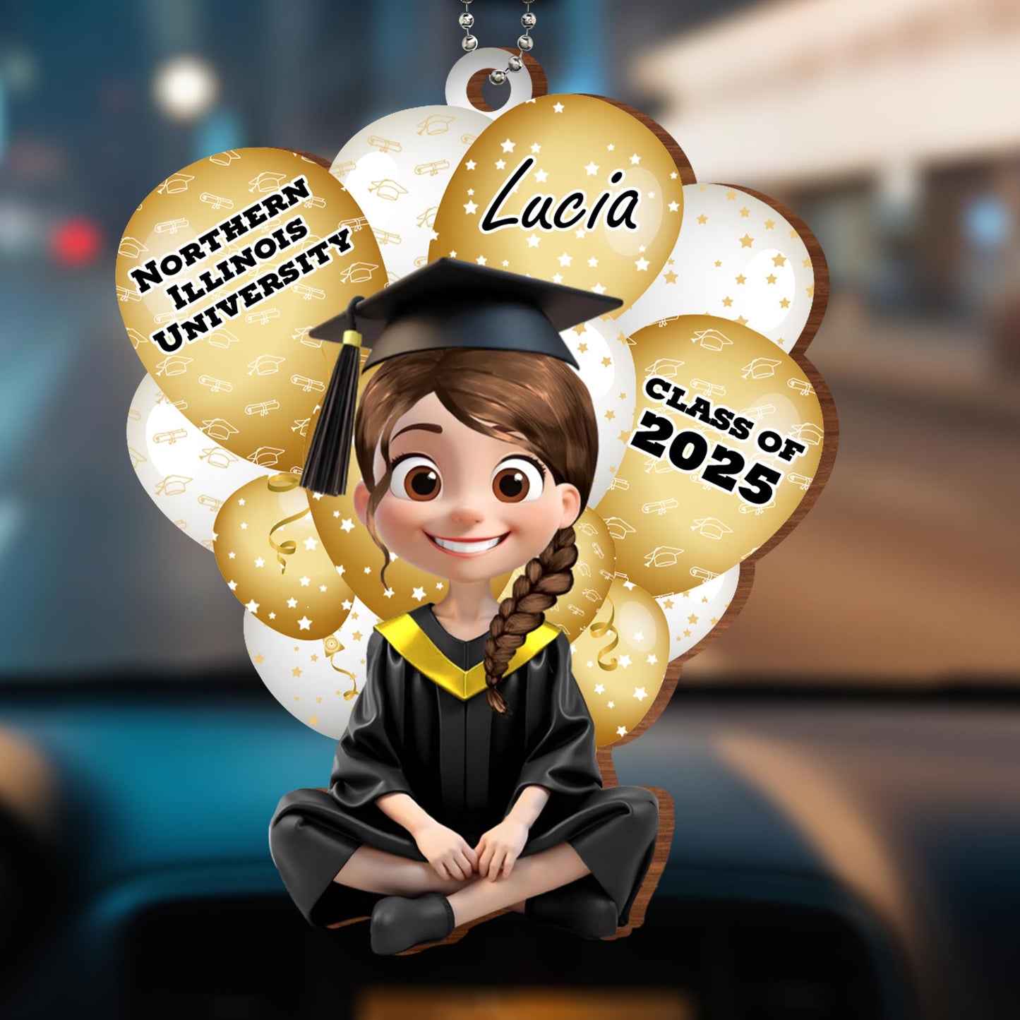 Northern Illinois University, Lucia, Class of 2025, Graduation Cap and Balloons