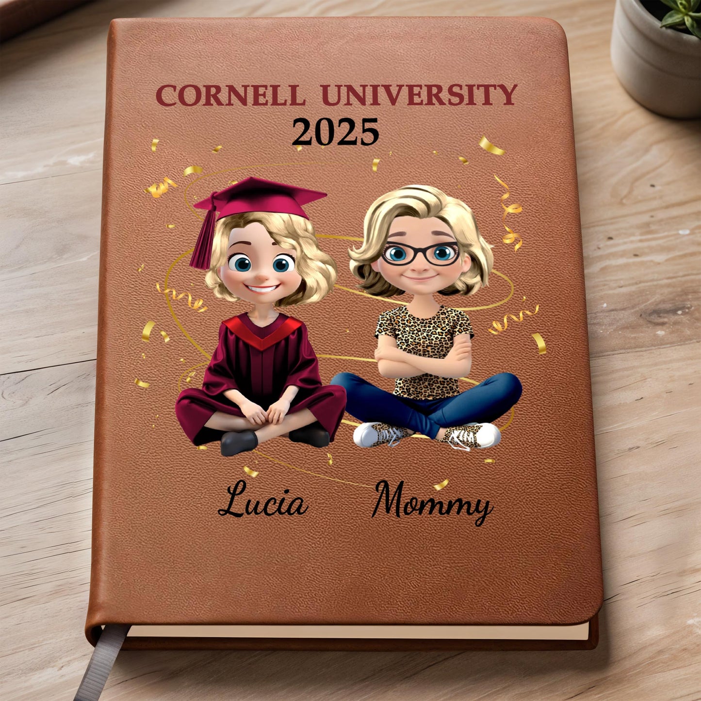 Celebrate Academic Achievements With Custom Leather Journal Featuring Graduation Cap and Confetti - Personalized Custom Leather Journal - GRAD035_JRNL