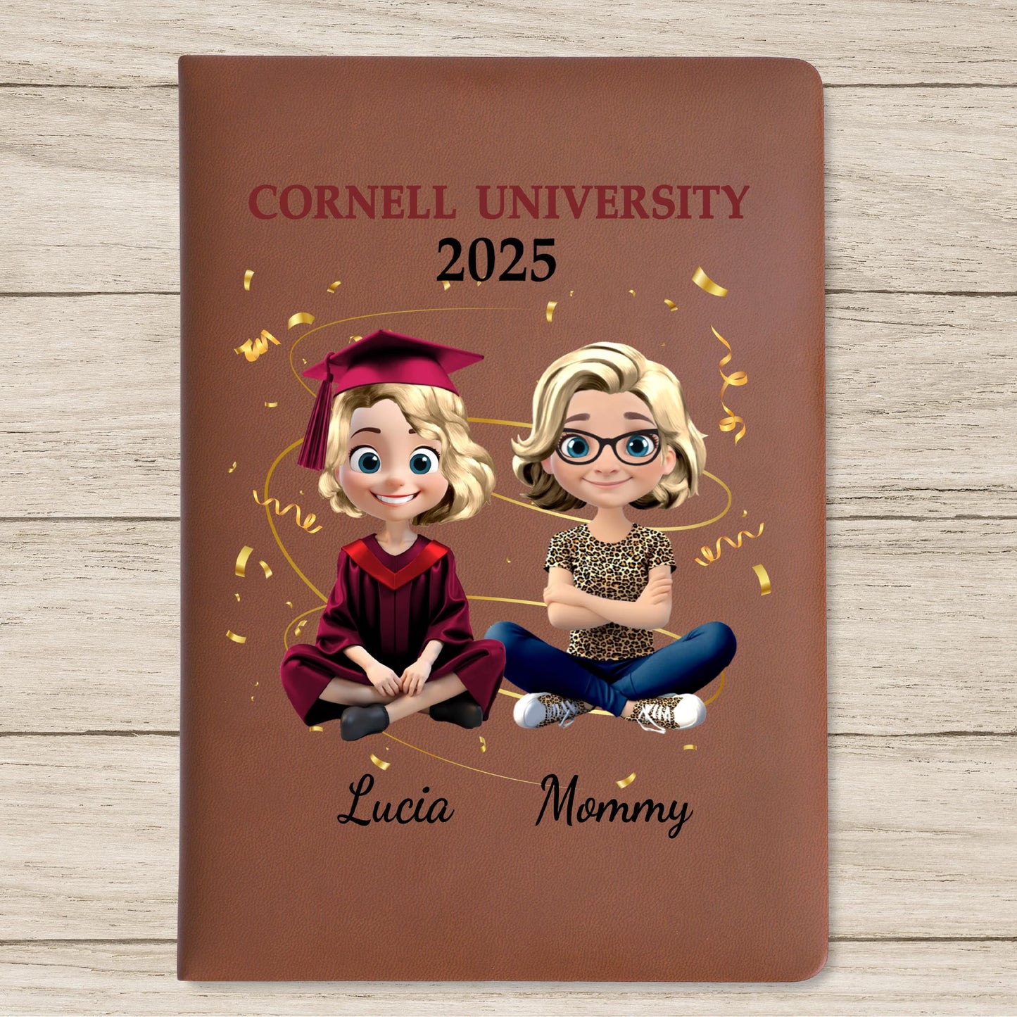 Celebrate Academic Achievements With Custom Leather Journal Featuring Graduation Cap and Confetti - Personalized Custom Leather Journal - GRAD035_JRNL