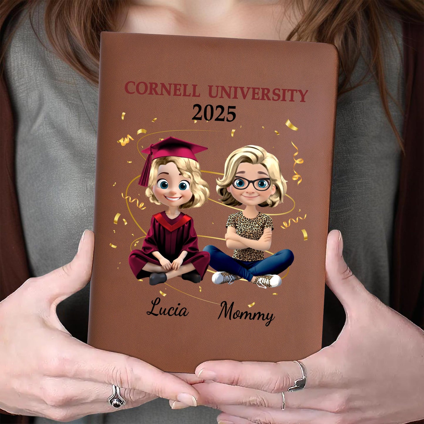 Celebrate Academic Achievements With Custom Leather Journal Featuring Graduation Cap and Confetti - Personalized Custom Leather Journal - GRAD035_JRNL