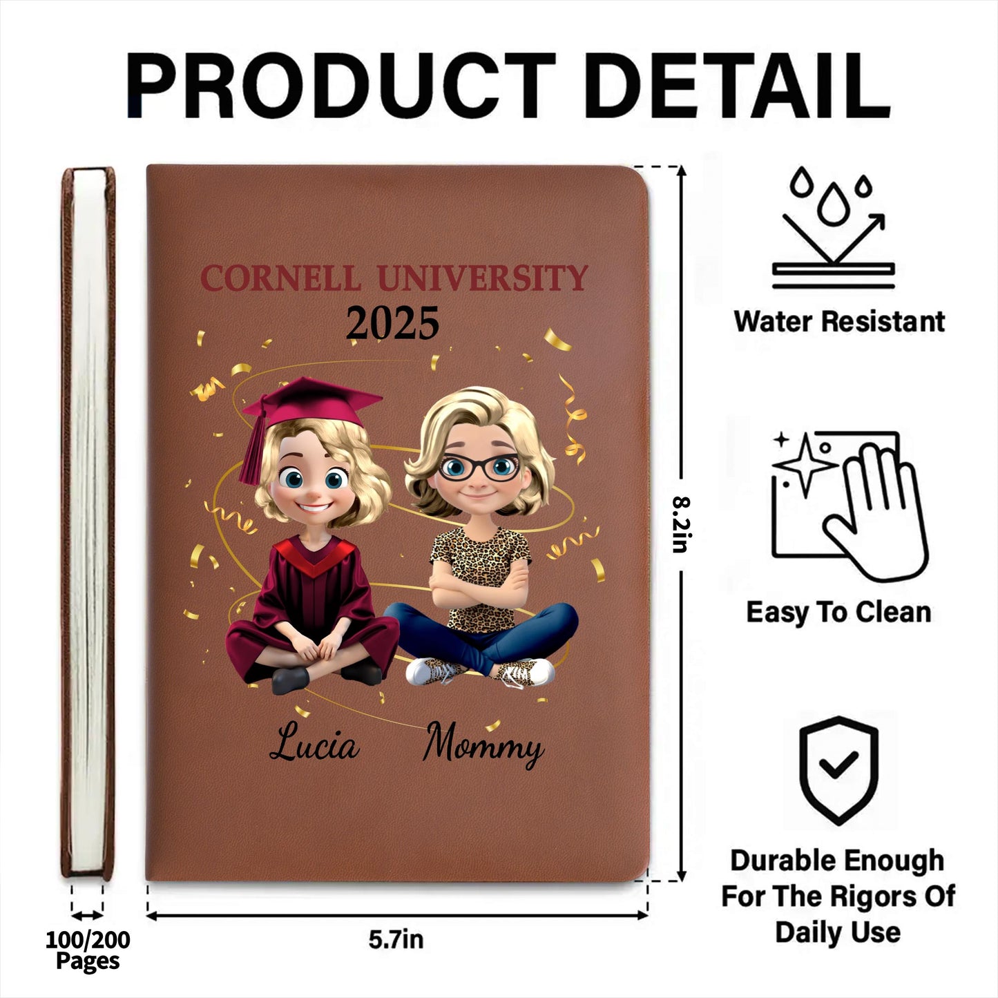 Celebrate Academic Achievements With Custom Leather Journal Featuring Graduation Cap and Confetti - Personalized Custom Leather Journal - GRAD035_JRNL