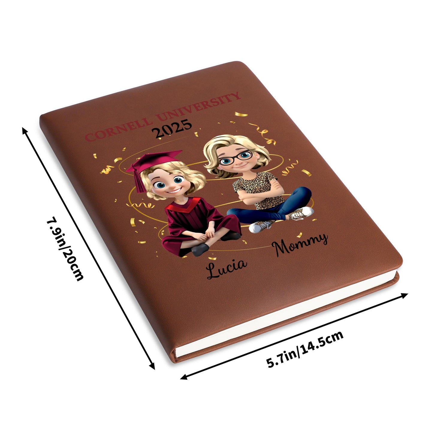 Celebrate Academic Achievements With Custom Leather Journal Featuring Graduation Cap and Confetti - Personalized Custom Leather Journal - GRAD035_JRNL
