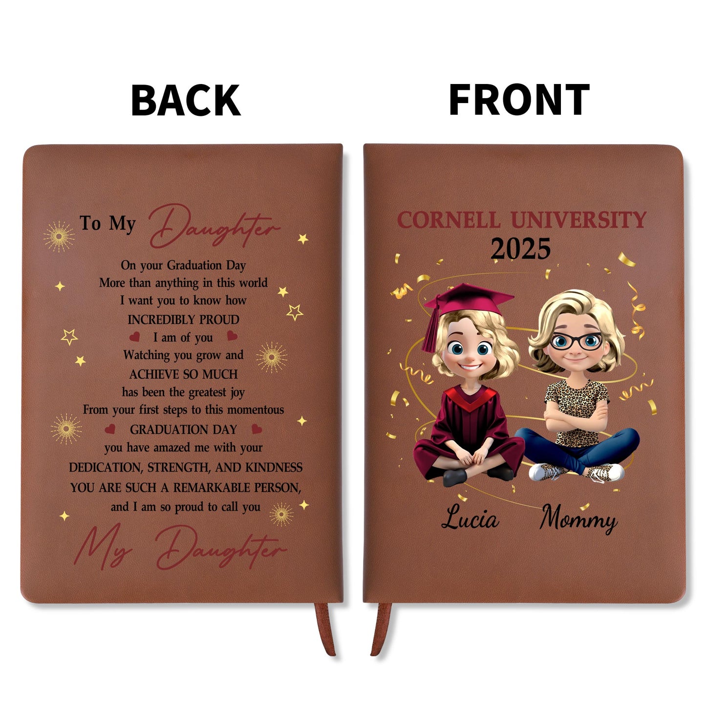 Celebrate Academic Achievements With Custom Leather Journal Featuring Graduation Cap and Confetti - Personalized Custom Leather Journal - GRAD035_JRNL
