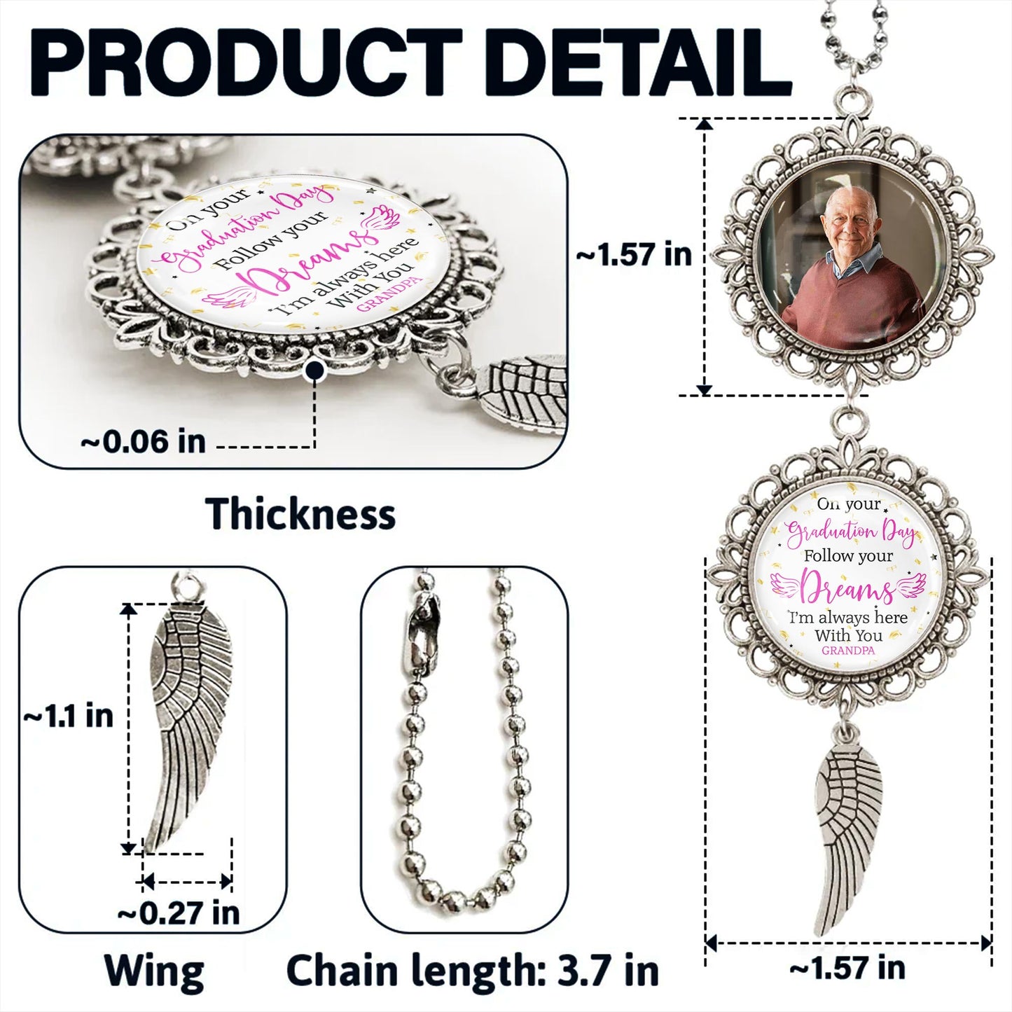On Your Graduation Day, Follow Your Dreams, I'm Always Here With You, Angel Wing and Pendant Charm - Personalized Hanging Ornament With Angel Wing, Pendant Charm - GRAD035_PECHA