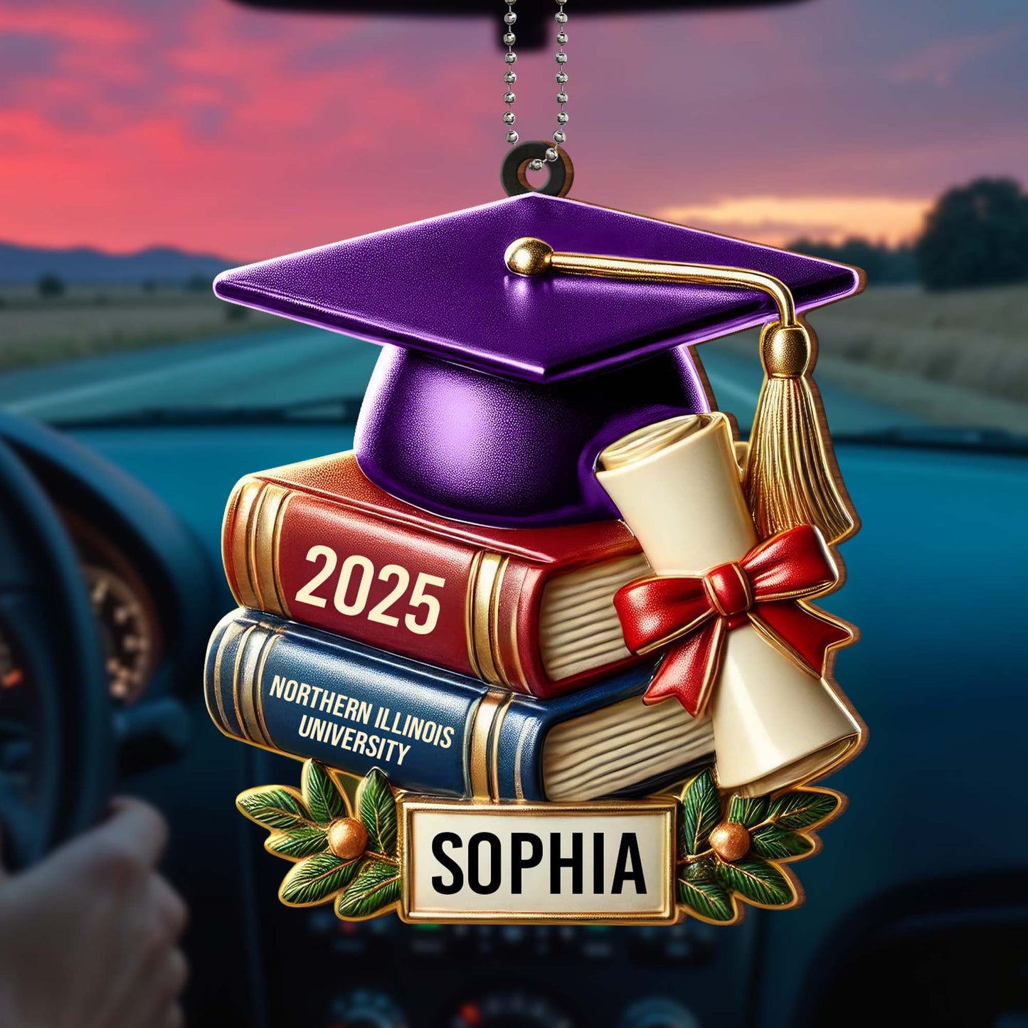 Célébrez votre réussite, votre diplôme et vos livres – Ornement en bois personnalisé, ornement à suspendre pour voiture – GRAD037_WCA