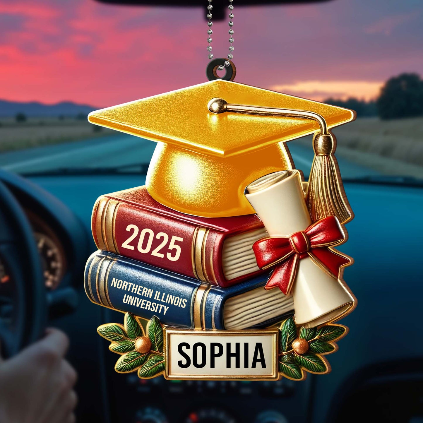 Célébrez votre réussite, votre diplôme et vos livres – Ornement en bois personnalisé, ornement à suspendre pour voiture – GRAD037_WCA