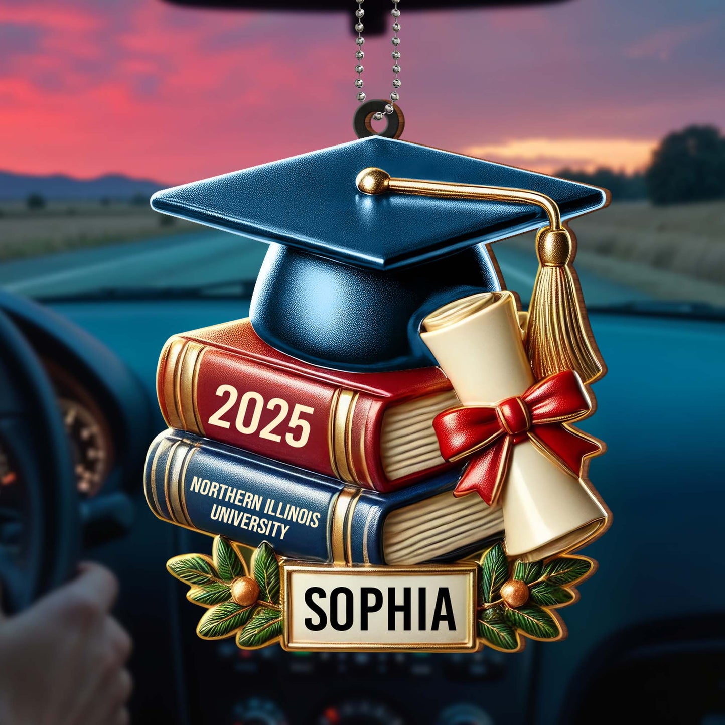 Célébrez votre réussite, votre diplôme et vos livres – Ornement en bois personnalisé, ornement à suspendre pour voiture – GRAD037_WCA