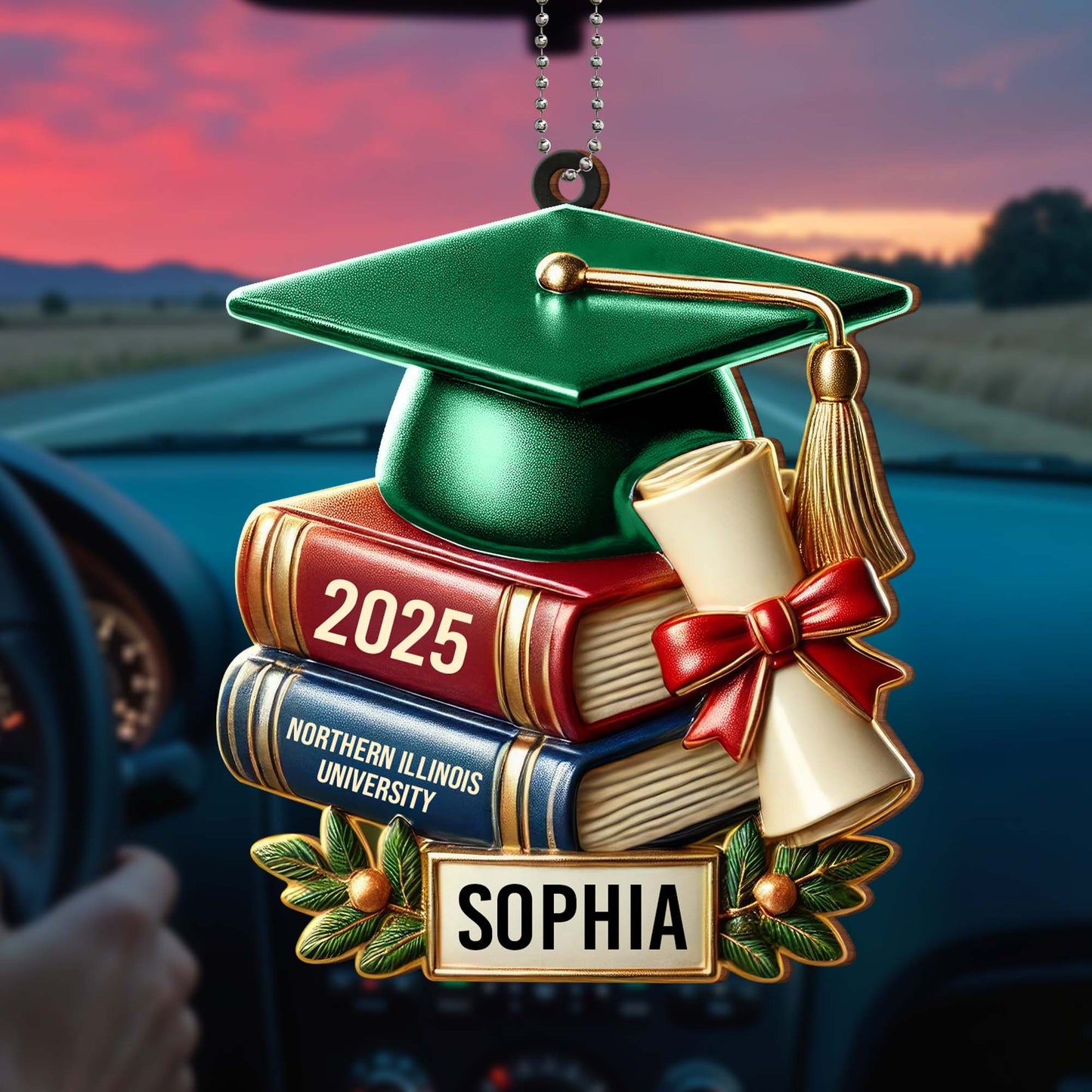 Célébrez votre réussite, votre diplôme et vos livres – Ornement en bois personnalisé, ornement à suspendre pour voiture – GRAD037_WCA