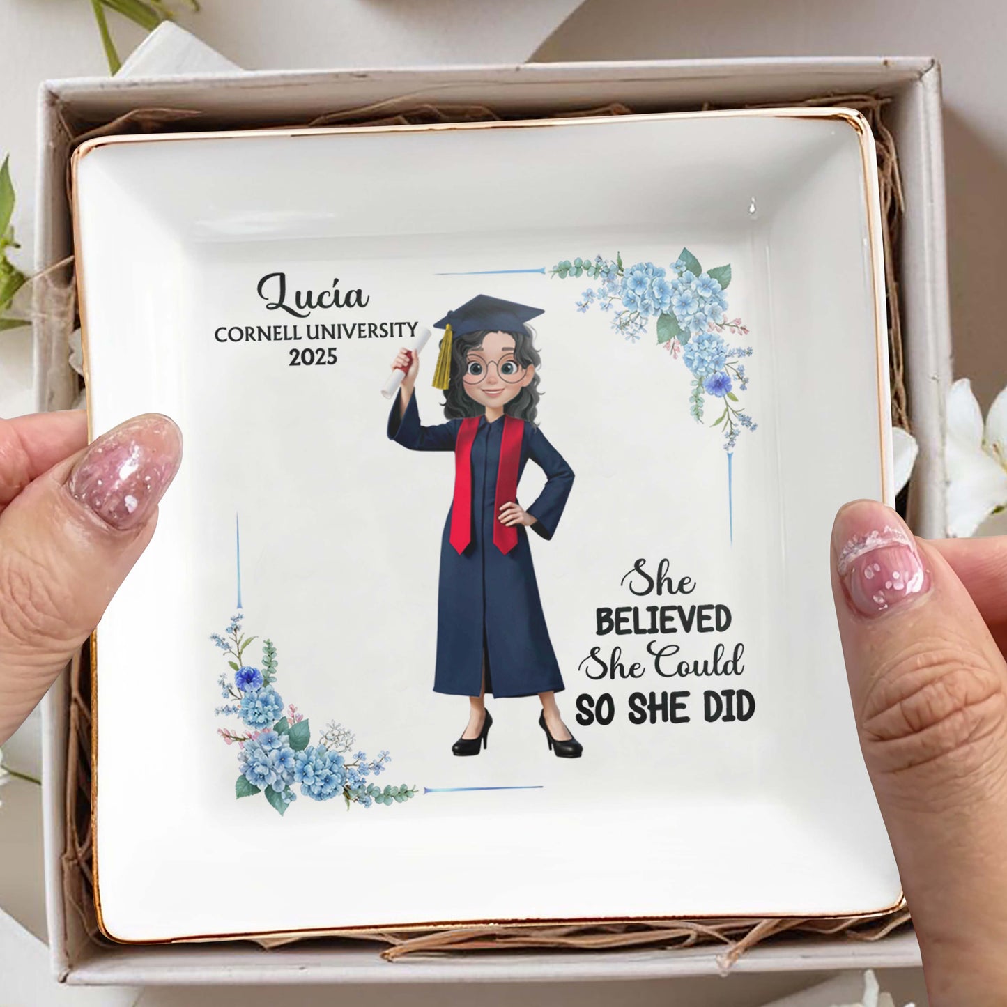 She Believed She Could So She Did, Graduation Cap and Flowers - Personalized Custom Jewelry Dish, Square Ceramic Dish - GRAD041_SCRD