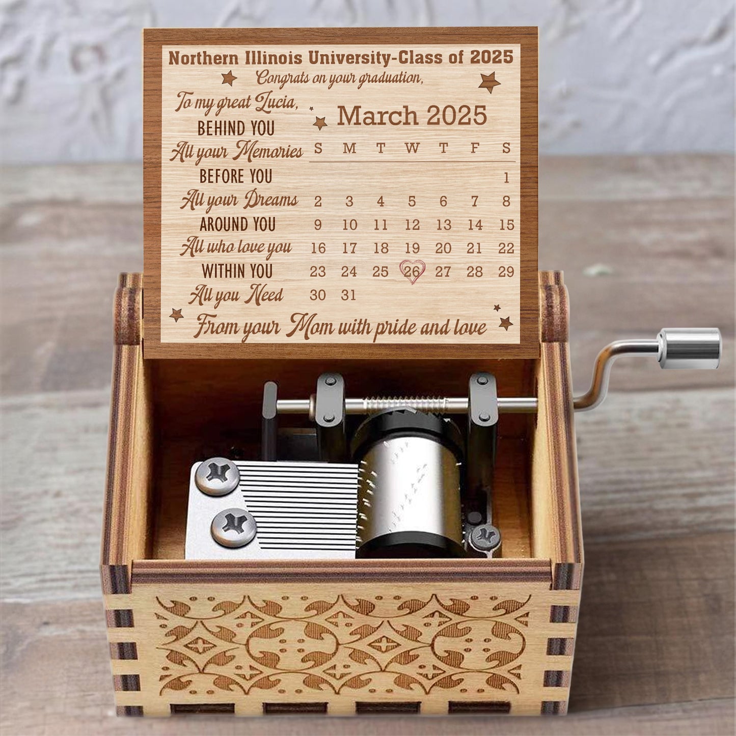 Congrats on Your Graduation, To My Great Lucia, Calendar and Stars - Custom Music Box With "You Are My Sunshine" Tune - GRAD042_MZB