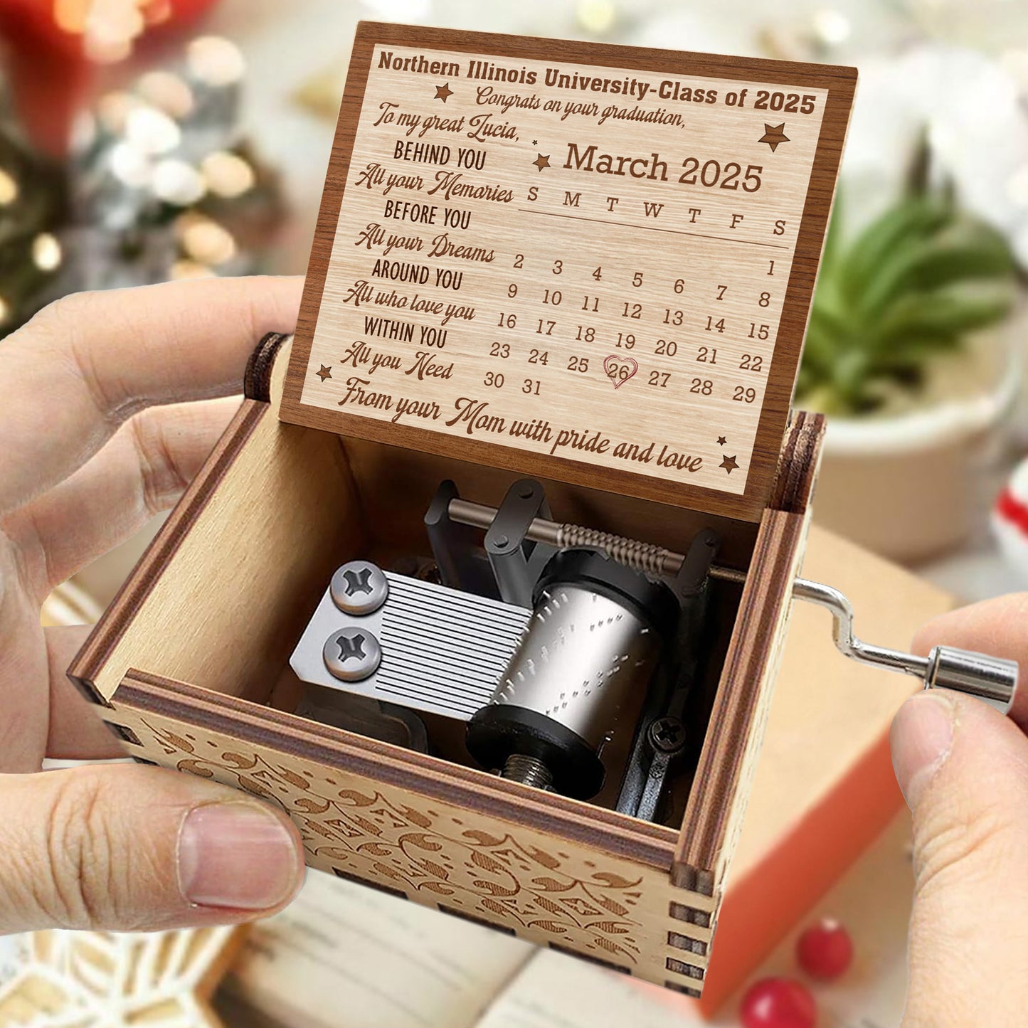Congrats on Your Graduation, To My Great Lucia, Calendar and Stars - Custom Music Box With "You Are My Sunshine" Tune - GRAD042_MZB