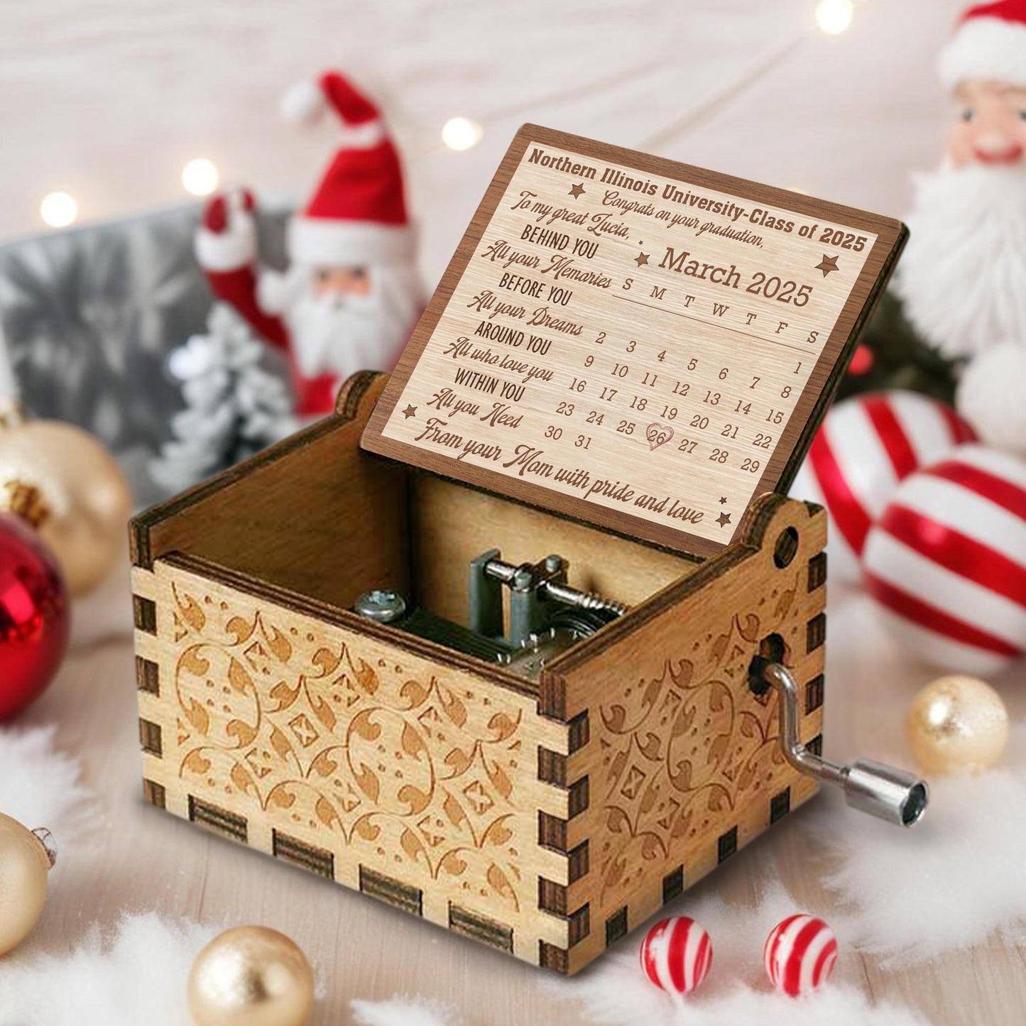 Congrats on Your Graduation, To My Great Lucia, Calendar and Stars - Custom Music Box With "You Are My Sunshine" Tune - GRAD042_MZB