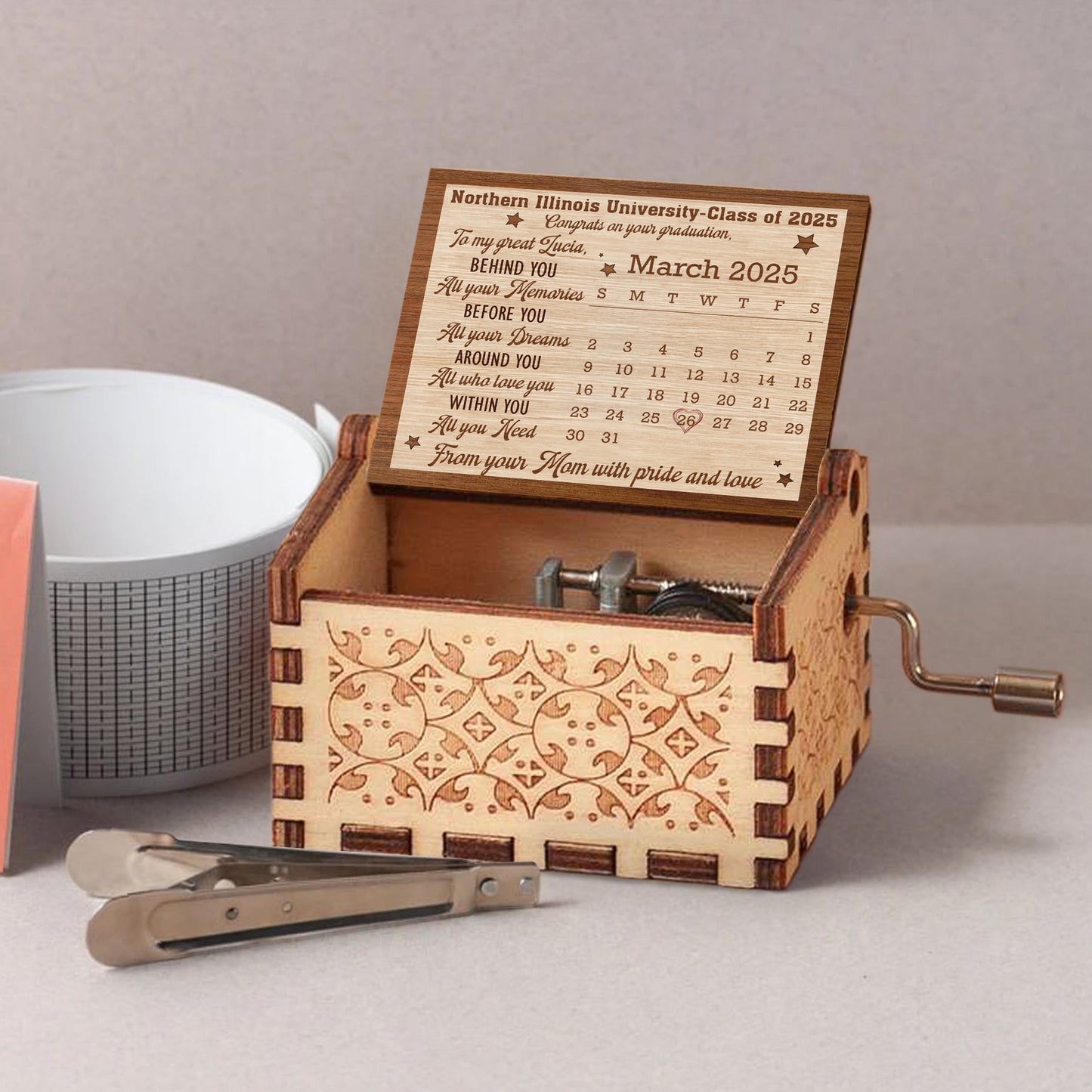 Congrats on Your Graduation, To My Great Lucia, Calendar and Stars - Custom Music Box With "You Are My Sunshine" Tune - GRAD042_MZB