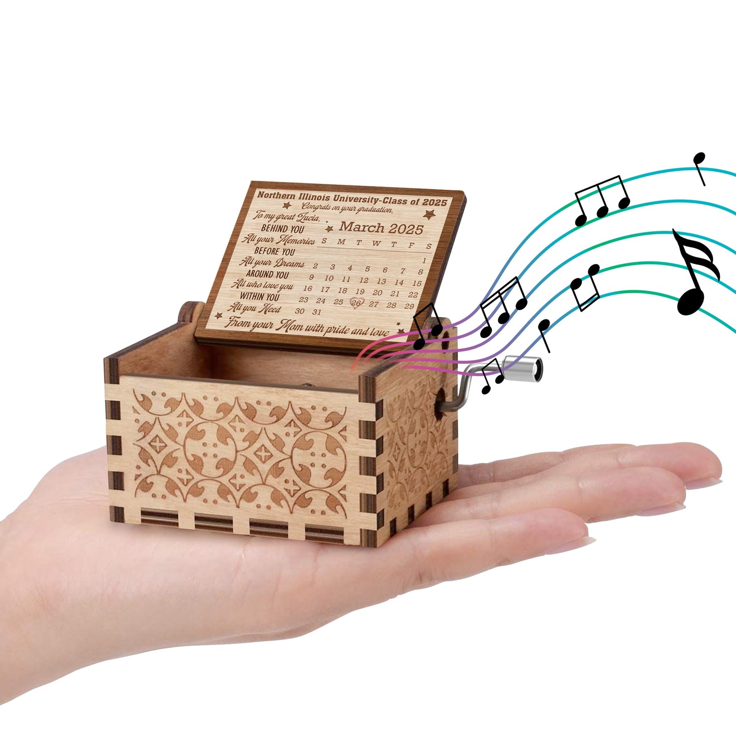 Congrats on Your Graduation, To My Great Lucia, Calendar and Stars - Custom Music Box With "You Are My Sunshine" Tune - GRAD042_MZB