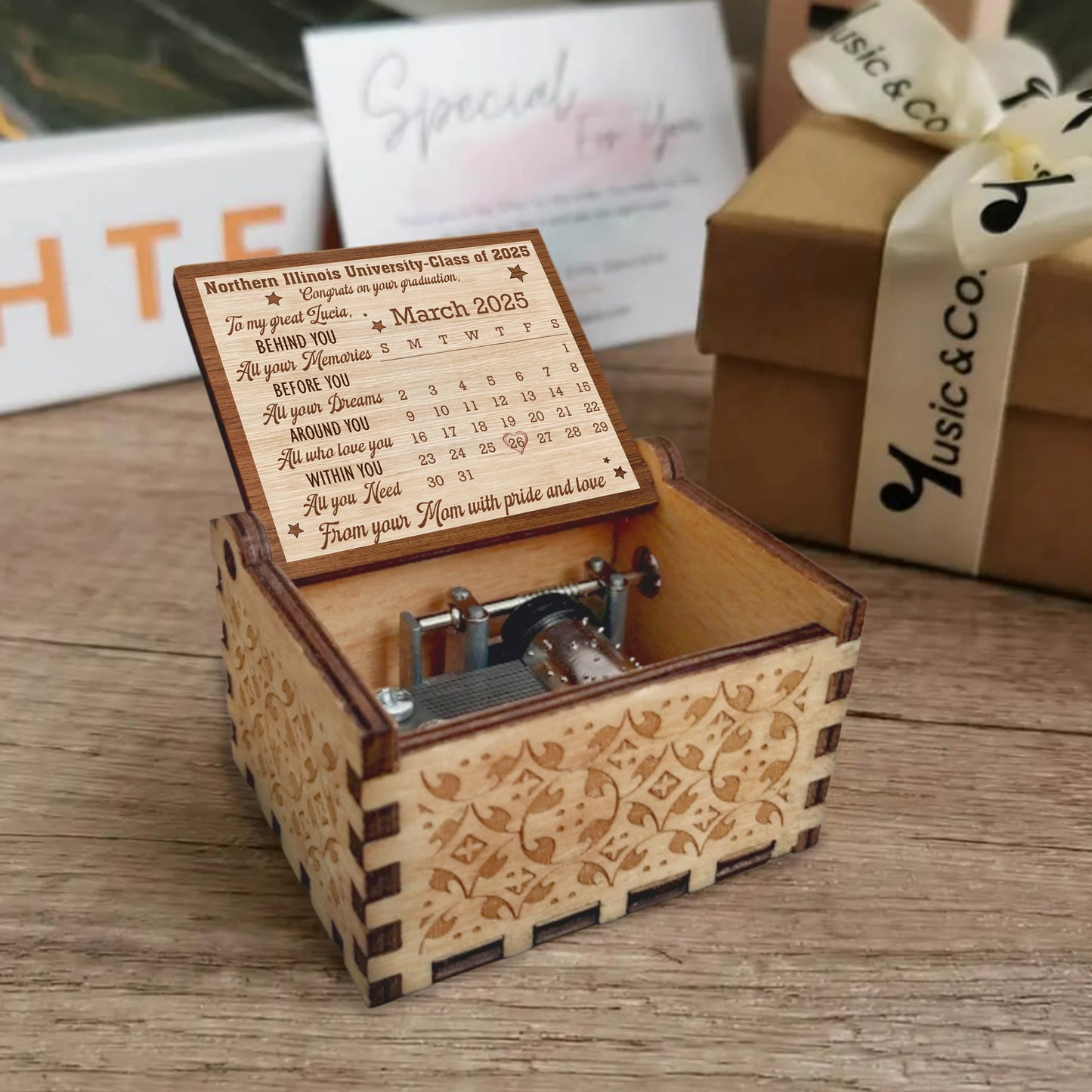Congrats on Your Graduation, To My Great Lucia, Calendar and Stars - Custom Music Box With "You Are My Sunshine" Tune - GRAD042_MZB