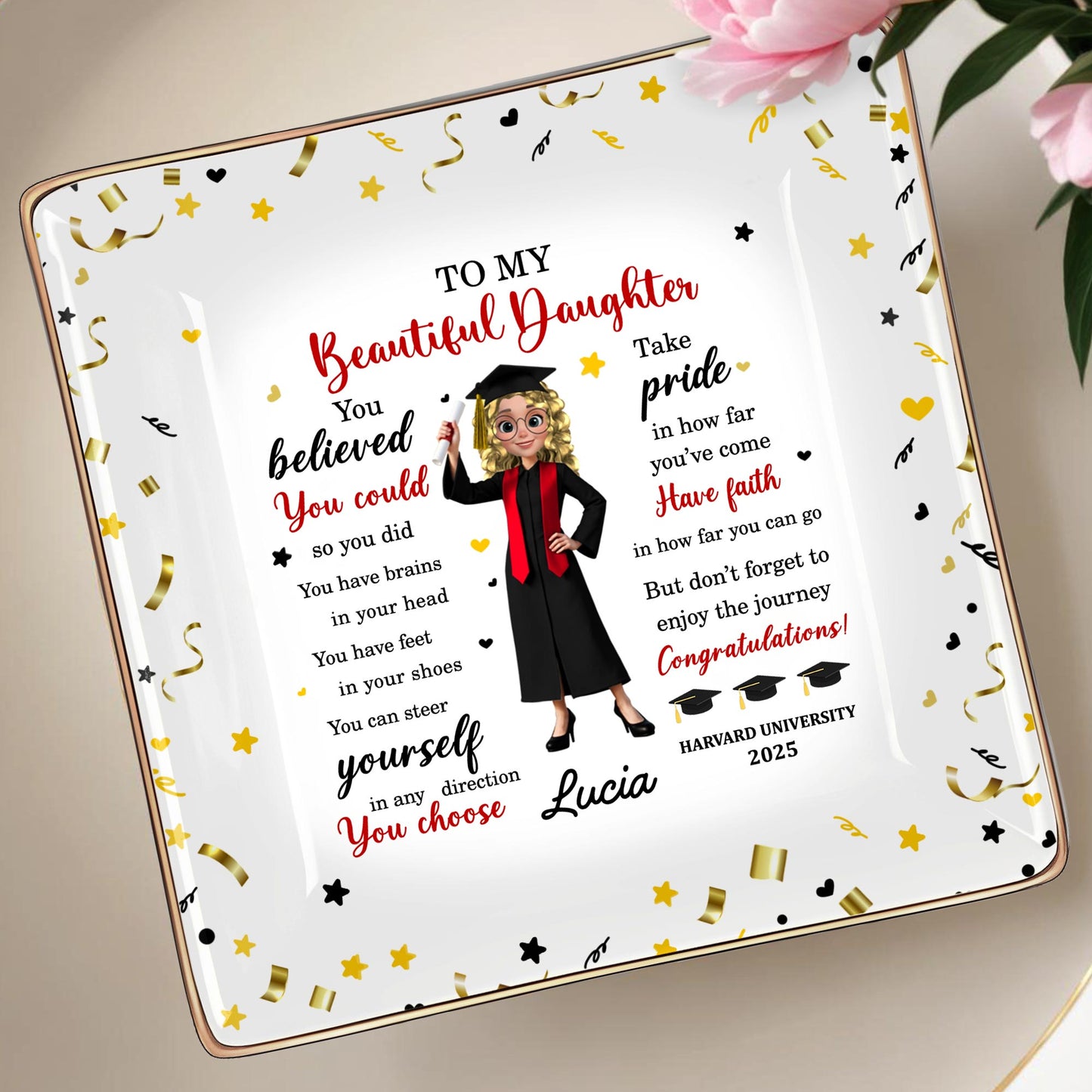 You Believed You Could So You Did, Graduation Cap And Diploma - Personalized Custom Jewelry Dish, Ceramic Dish, Square Shape - GRAD044_SCRF