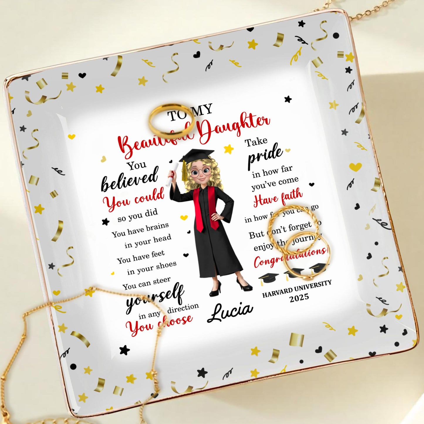 You Believed You Could So You Did, Graduation Cap And Diploma - Personalized Custom Jewelry Dish, Ceramic Dish, Square Shape - GRAD044_SCRF