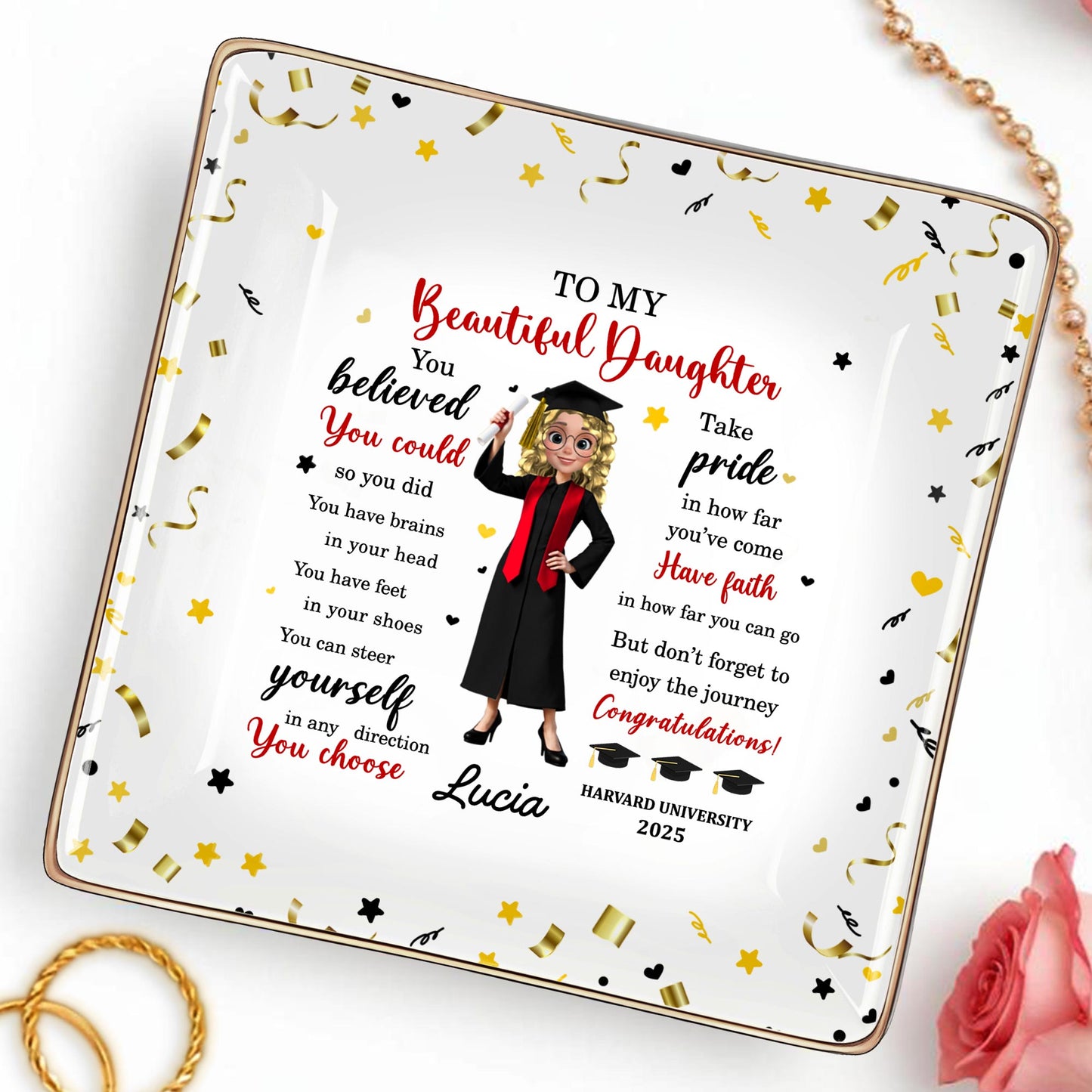 You Believed You Could So You Did, Graduation Cap And Diploma - Personalized Custom Jewelry Dish, Ceramic Dish, Square Shape - GRAD044_SCRF