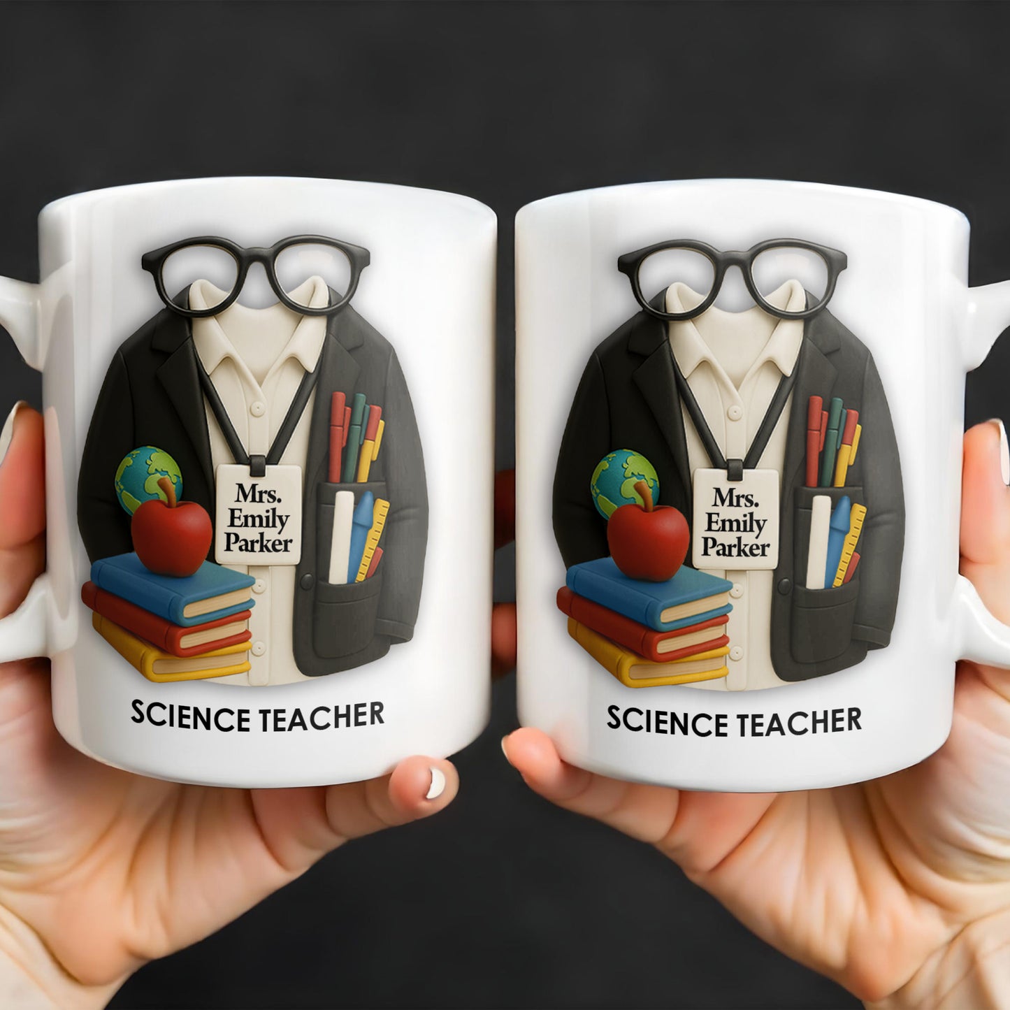 Customizable Coffee Mug Featuring Glasses, Books, Apple, Markers, Lab Coat - Personalized Custom Coffee Mug - GRAD272_MG