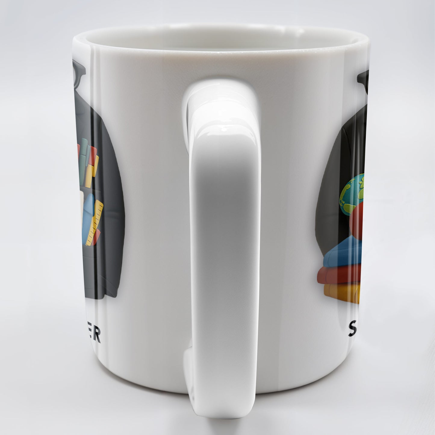 Customizable Coffee Mug Featuring Glasses, Books, Apple, Markers, Lab Coat