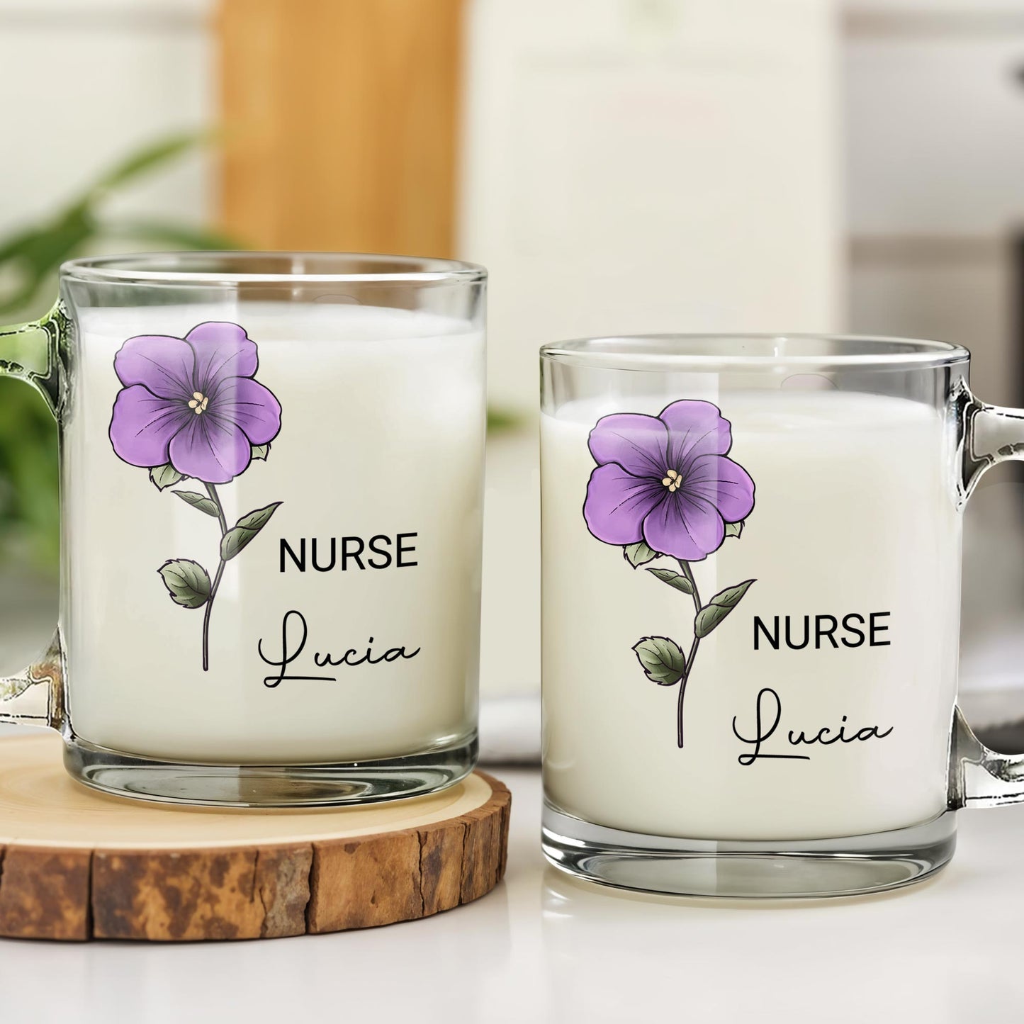 Nurse Lucia, Custom Glass Mug With Purple Flower