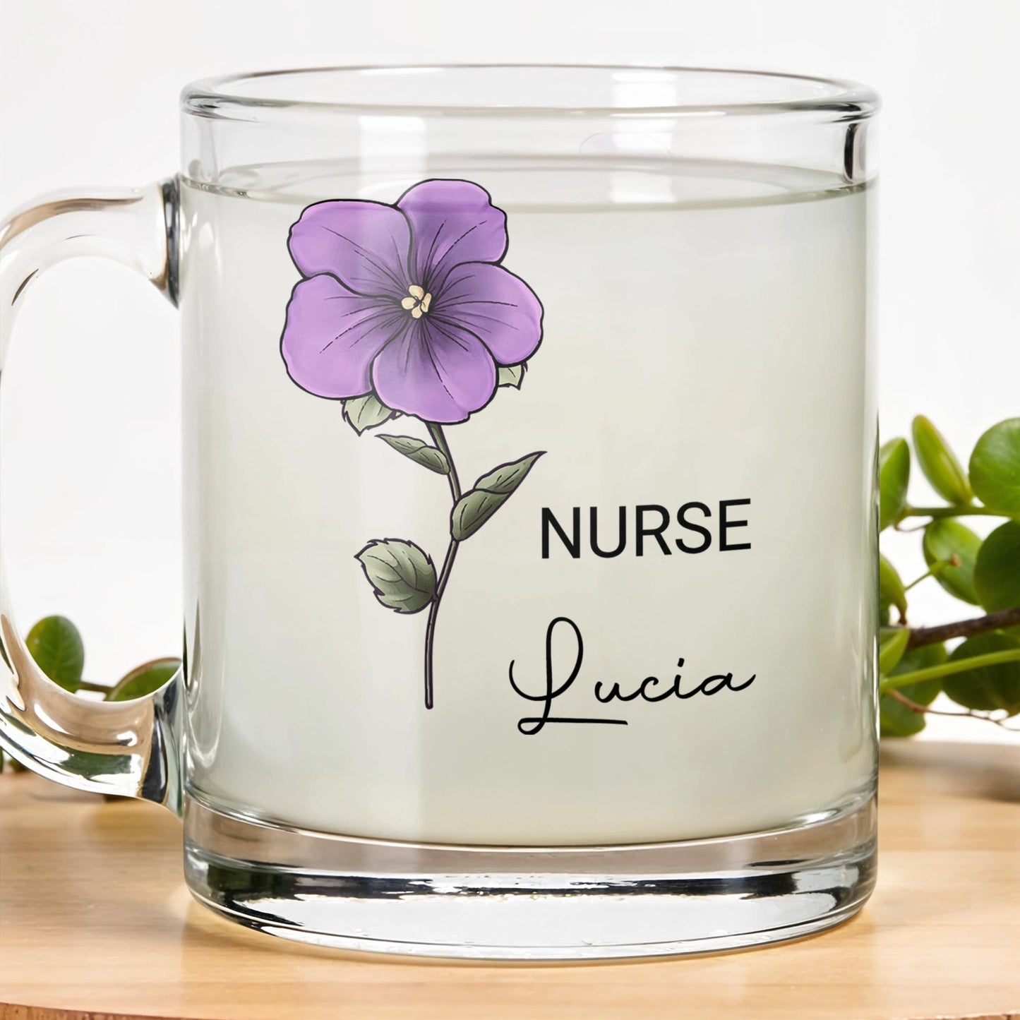 Nurse Lucia, Custom Glass Mug With Purple Flower