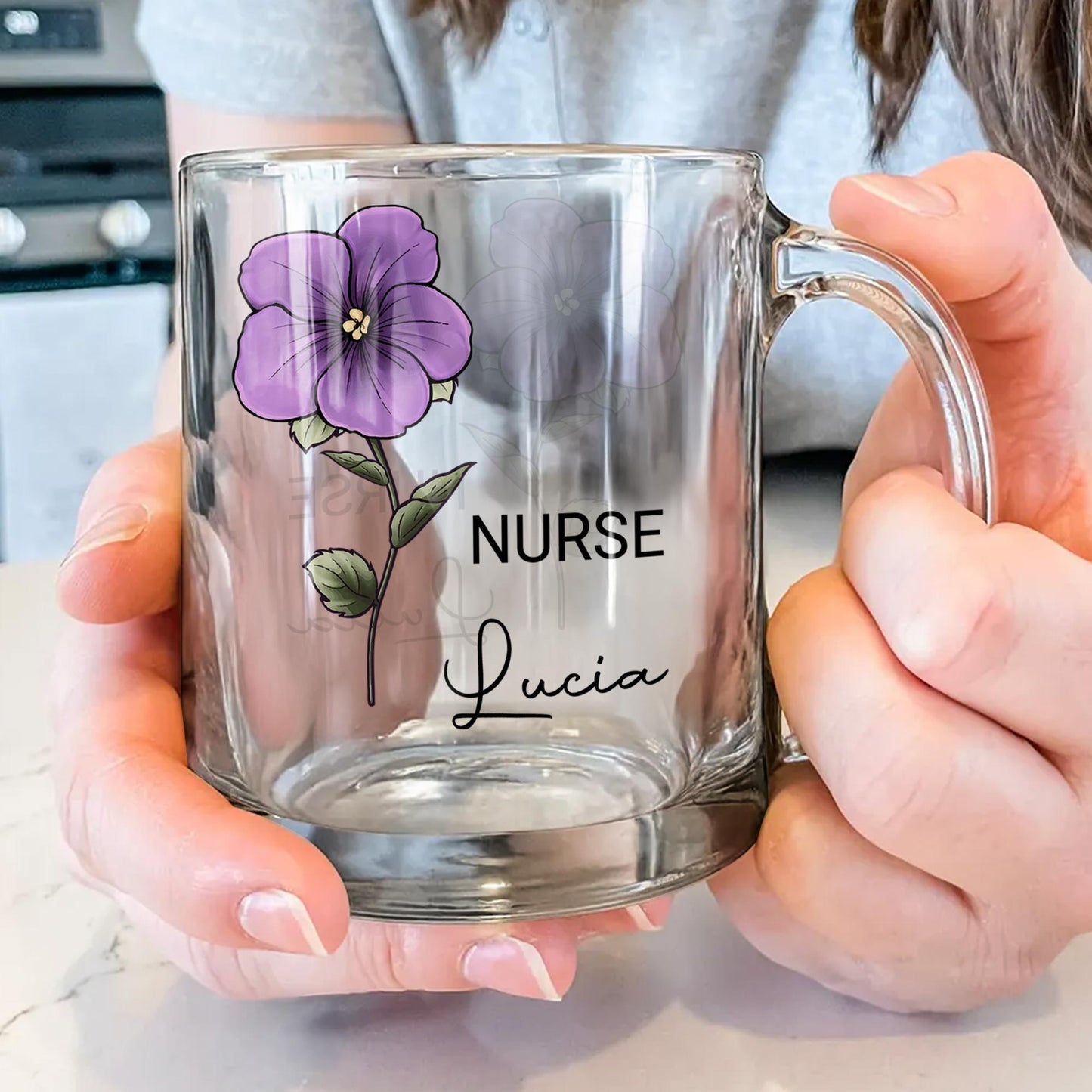 Nurse Lucia, Custom Glass Mug With Purple Flower