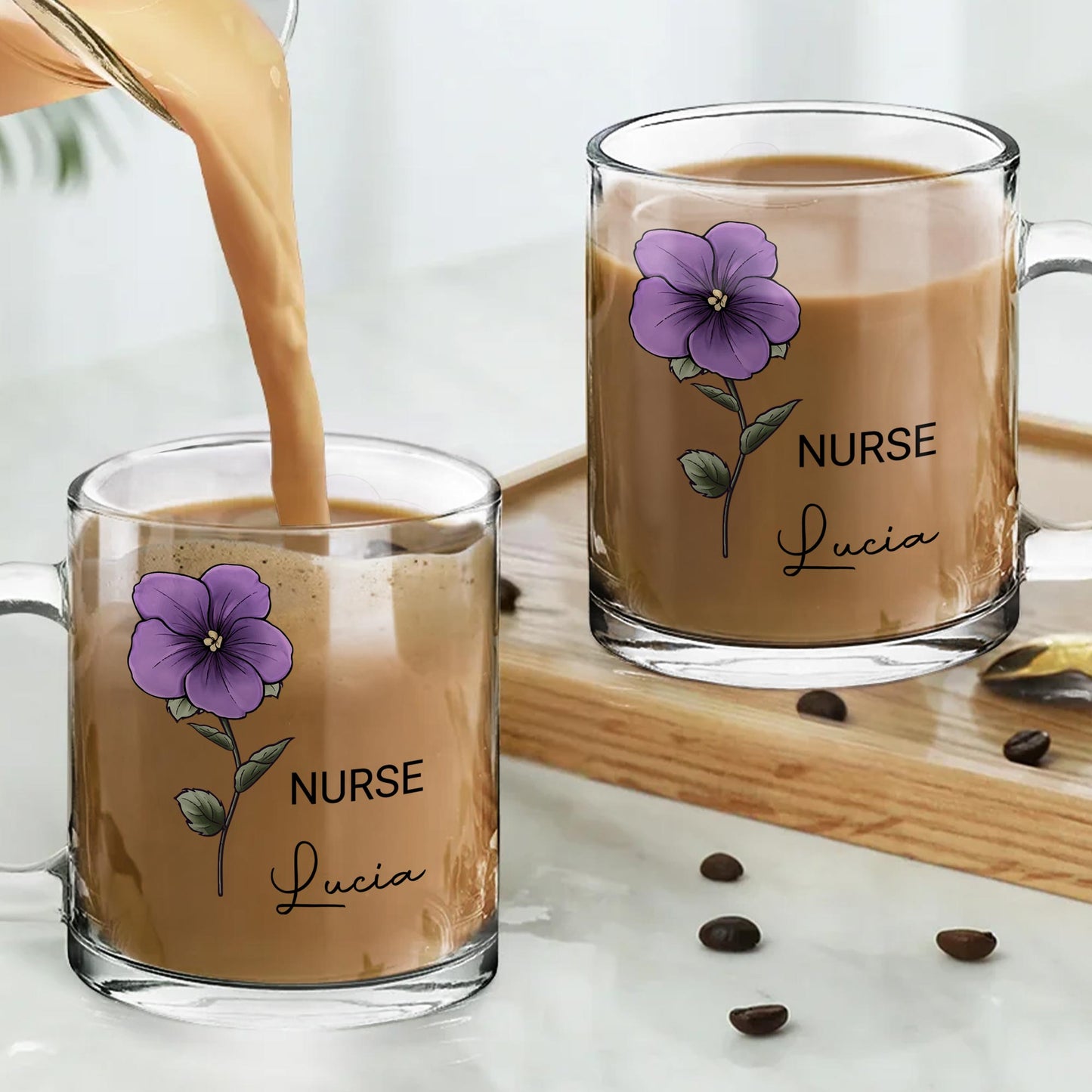 Nurse Lucia, Custom Glass Mug With Purple Flower