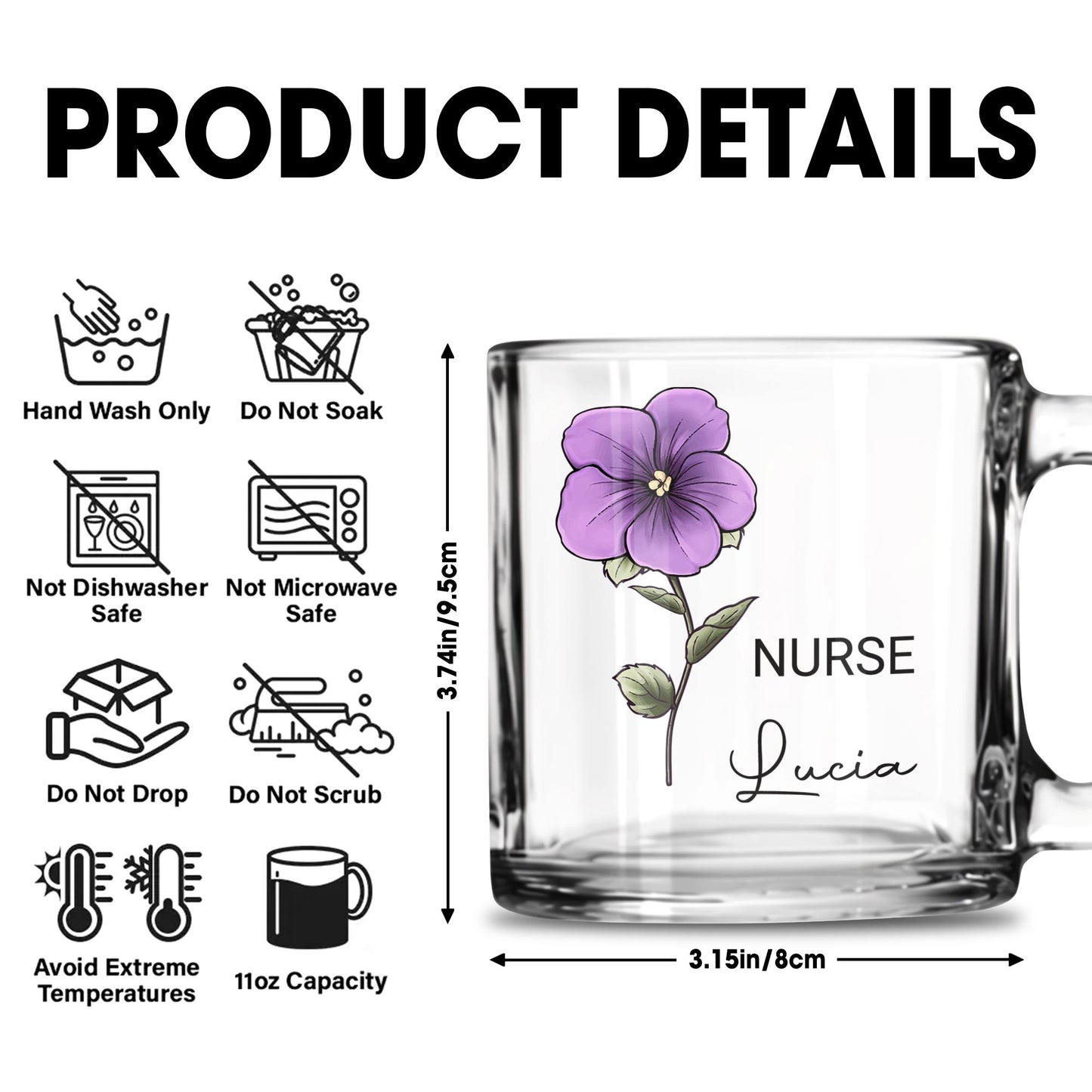 Nurse Lucia, Custom Glass Mug With Purple Flower