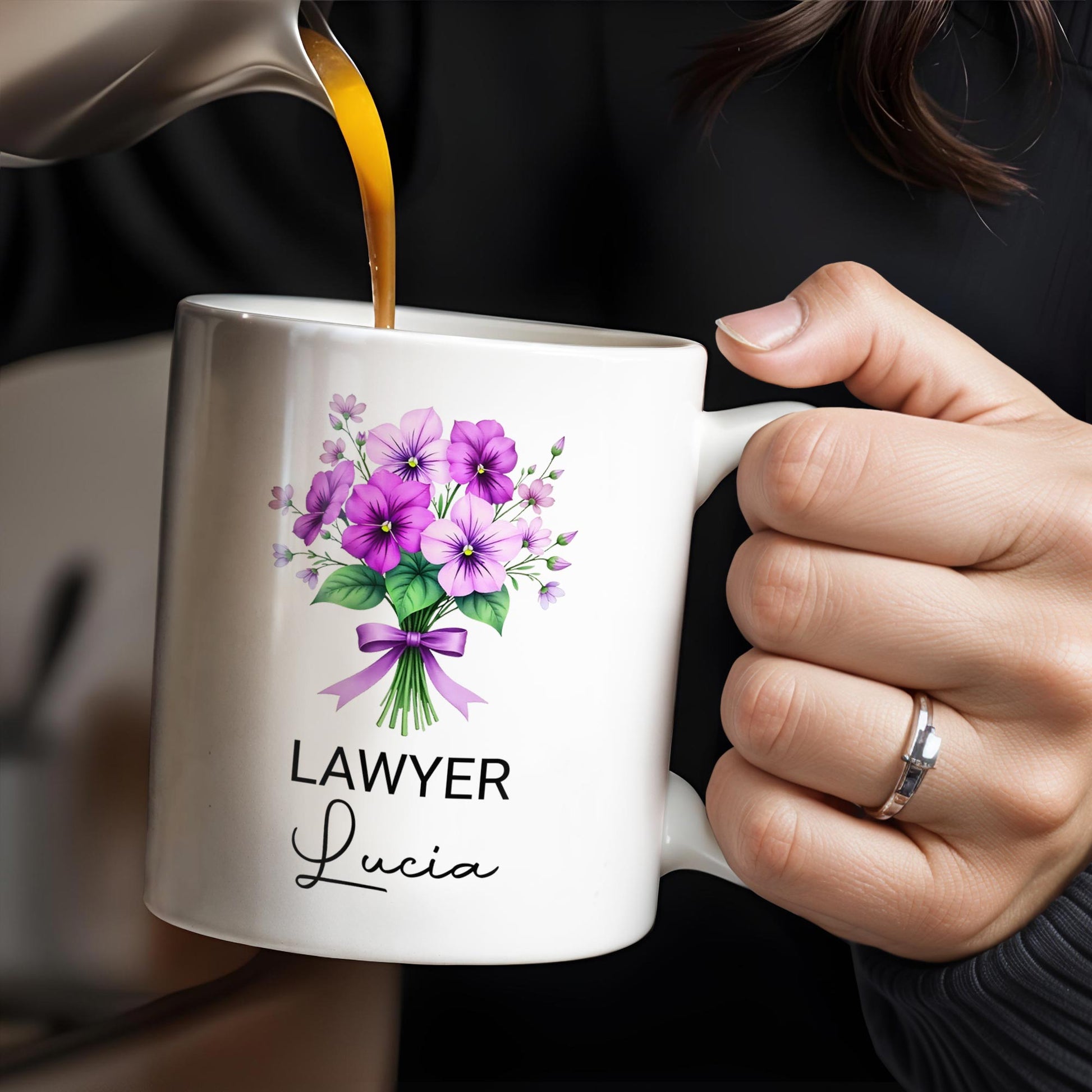 Custom Name Mug for Female Lawyer - Pretty Pansy Bouquet