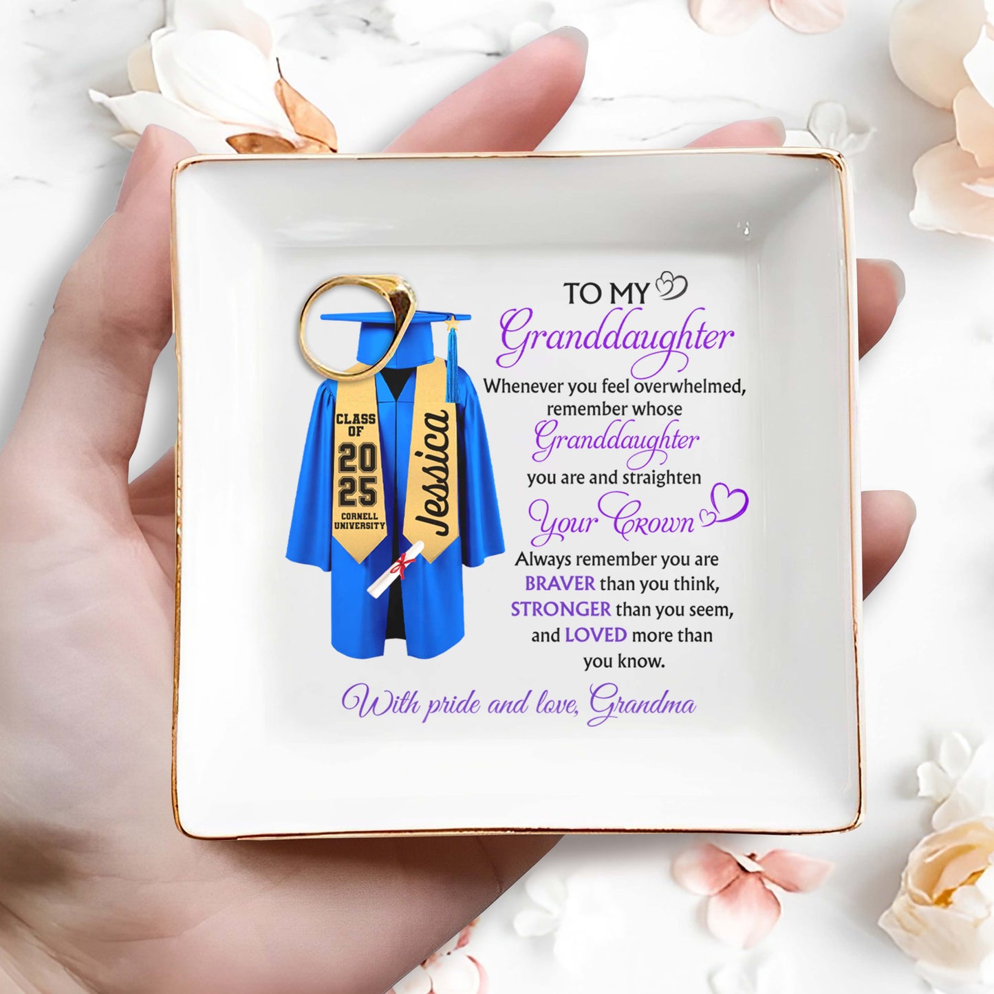 To My Granddaughter, Whenever You Feel Overwhelmed, Graduation Robe And Diploma - Personalized Custom Jewelry Dish, Square Ceramic Dish - GRAD317_SCRD