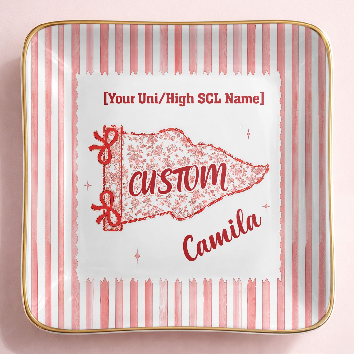 University Of Southern California USC Pennant Flag With Stripes - Personalized Custom Jewelry Dish, Ceramic Dish, Square Shape - GRAD480_SCRF