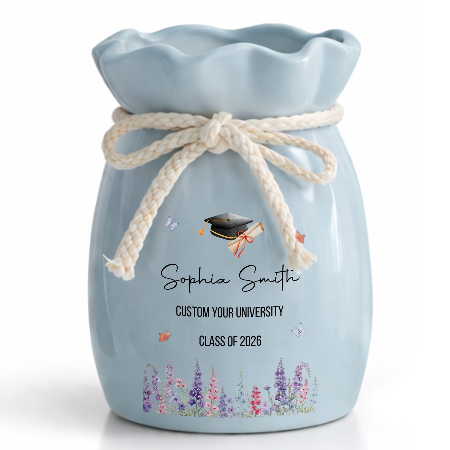 Congratulations On Your Graduation Cap And Birth Month Flowers - Personalized Ribbon Tie Flower Vase - GRAD487_RICVA