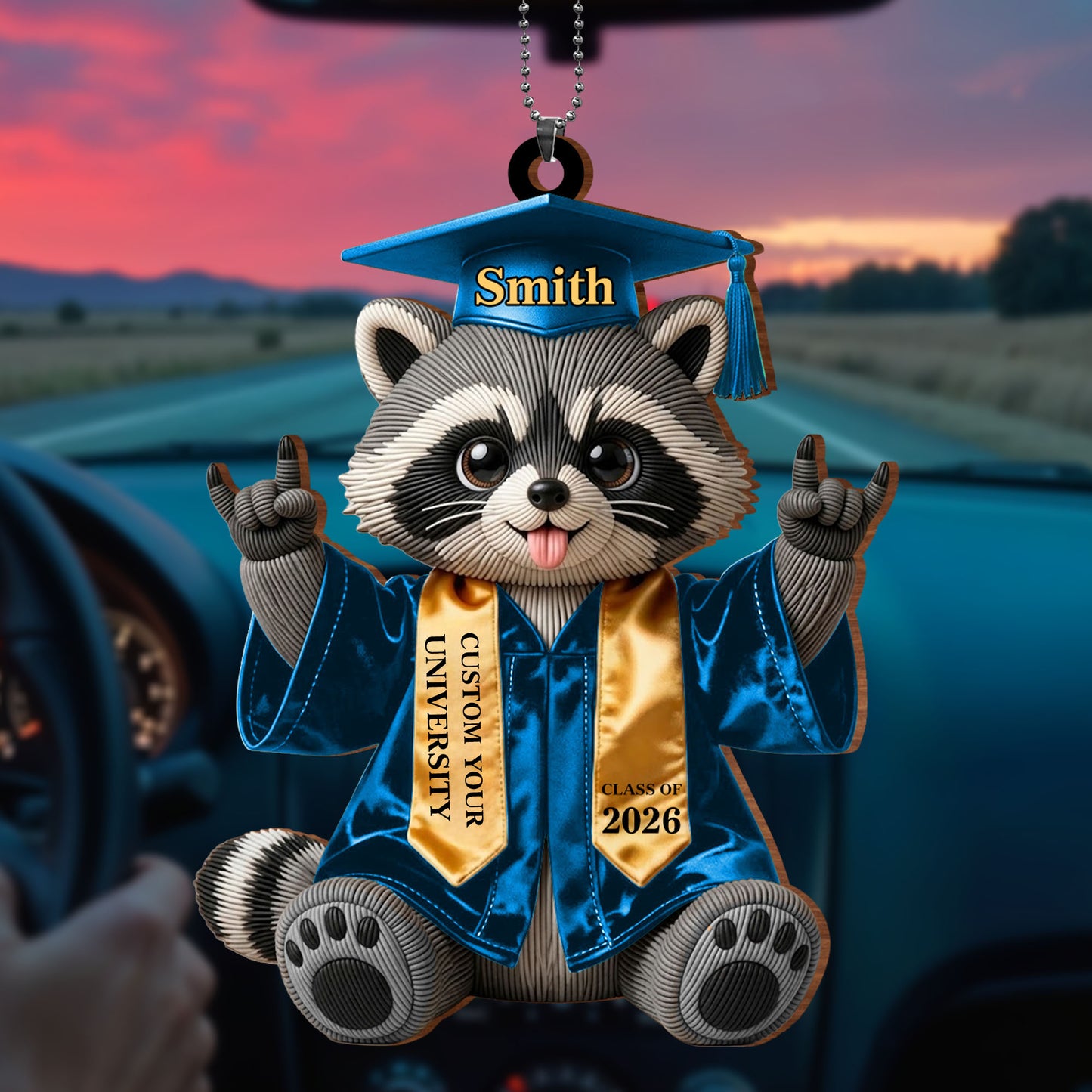 Class of Graduate Raccoon With Custom Name And University Sash - Personalized Custom Wood Ornament, Car Hanging Ornament - GRAD512_WCA