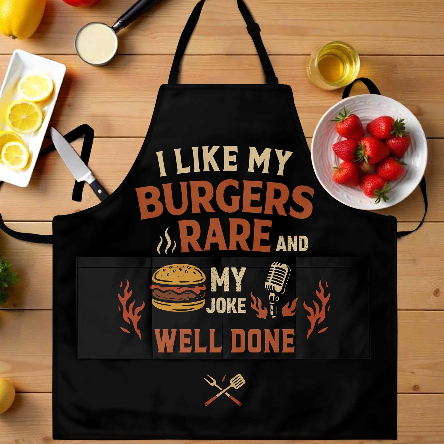 I like my burgers rare and my joke well done, Burger and Microphone