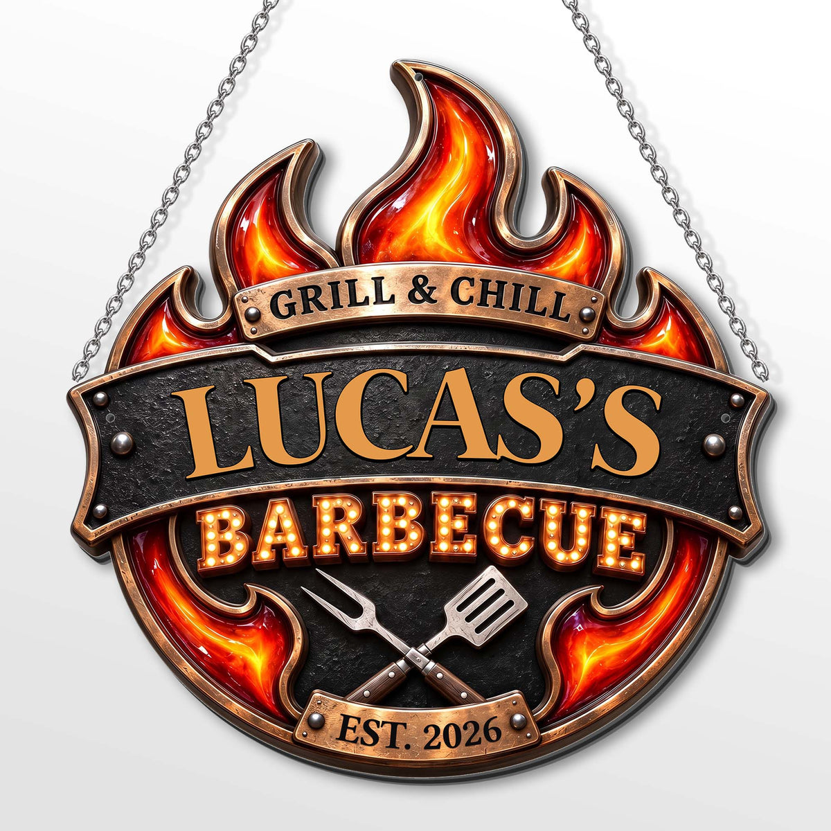 Grill & Chill Barbecue Flame With Spatula And Fork - Personalized Custom Shaped Metal Sign - GRILL019_CUMES