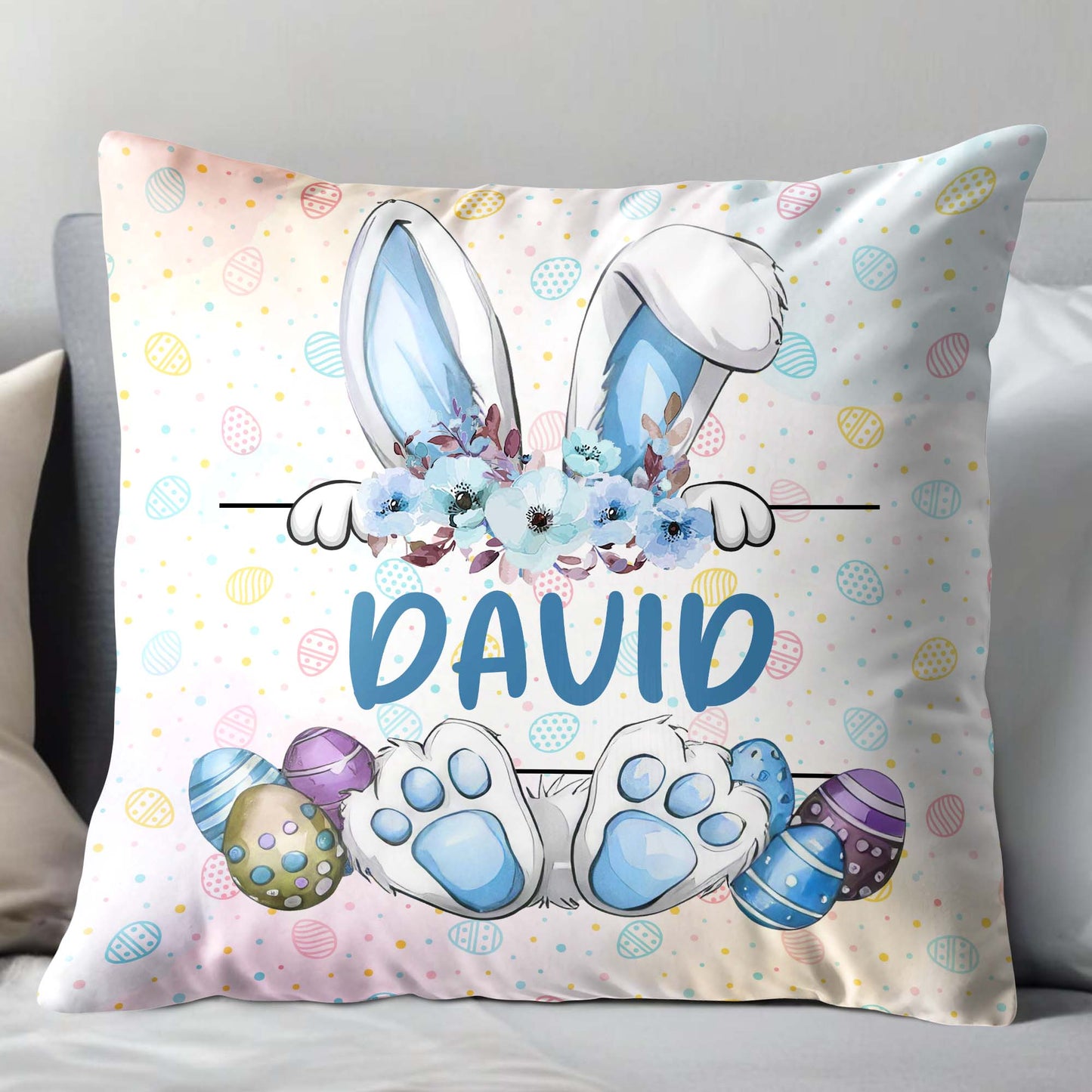 Célébrez Pâques avec un lapin coloré et des œufs de Pâques - Coussin personnalisé, insert inclus - GRK001_PLW