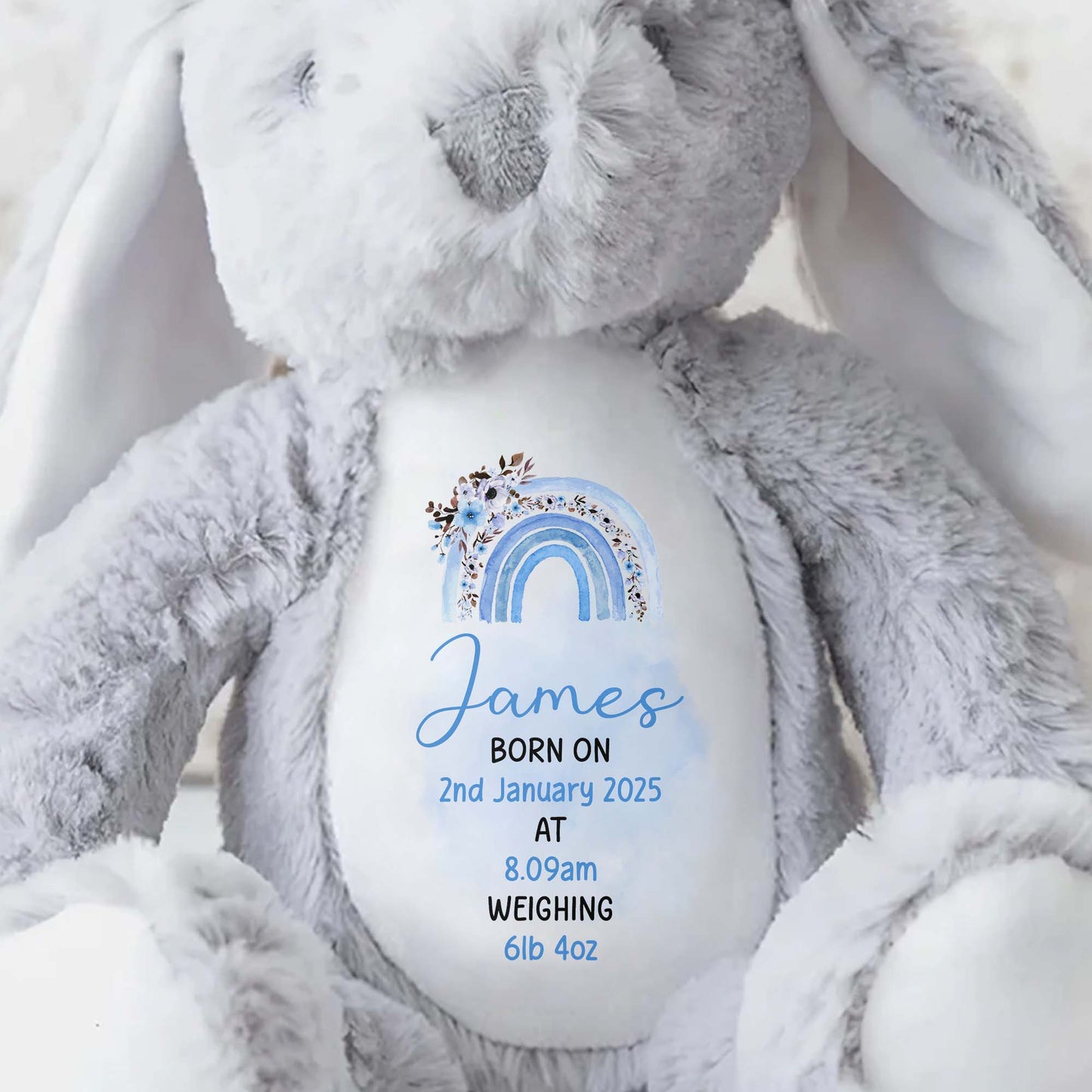 Celebrate The Joy Of A New Arrival, Rainbow And Flowers - Personalized Stuffed Bunny - GRK011_BUN