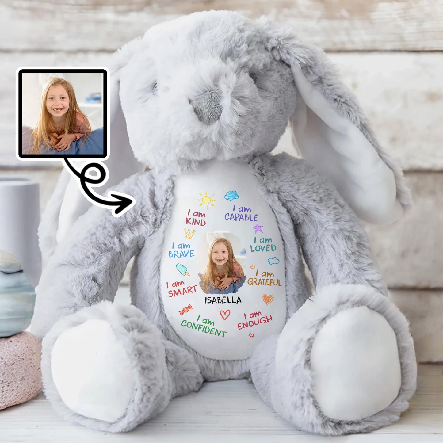I Am Kind, Capable, Loved, Smart, Confident, Grateful, Enough, Stuffed Bunny