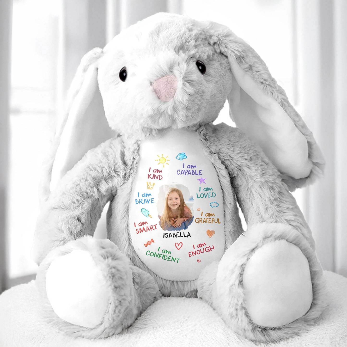 I Am Kind, Capable, Loved, Smart, Confident, Grateful, Enough, Stuffed Bunny