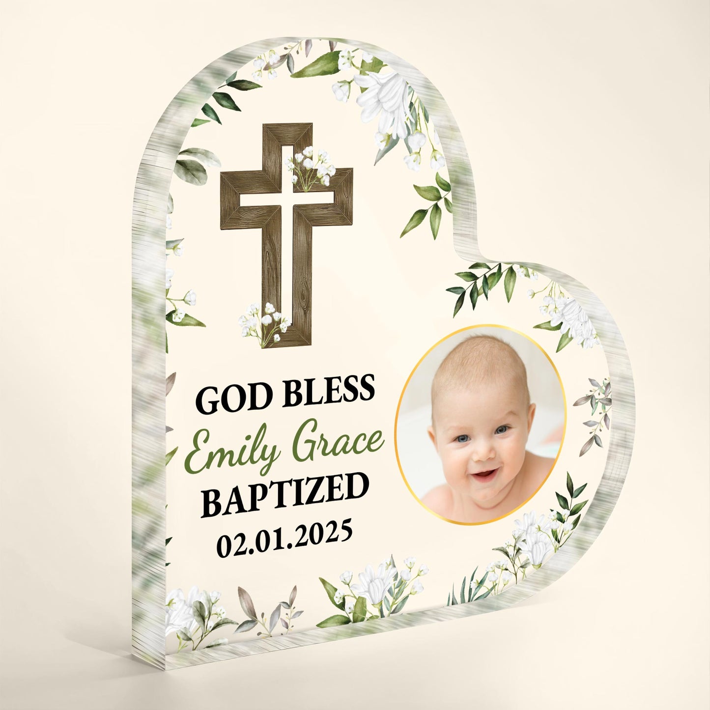 God Bless Emily Grace Baptized, Cross, Baby and Flowers
