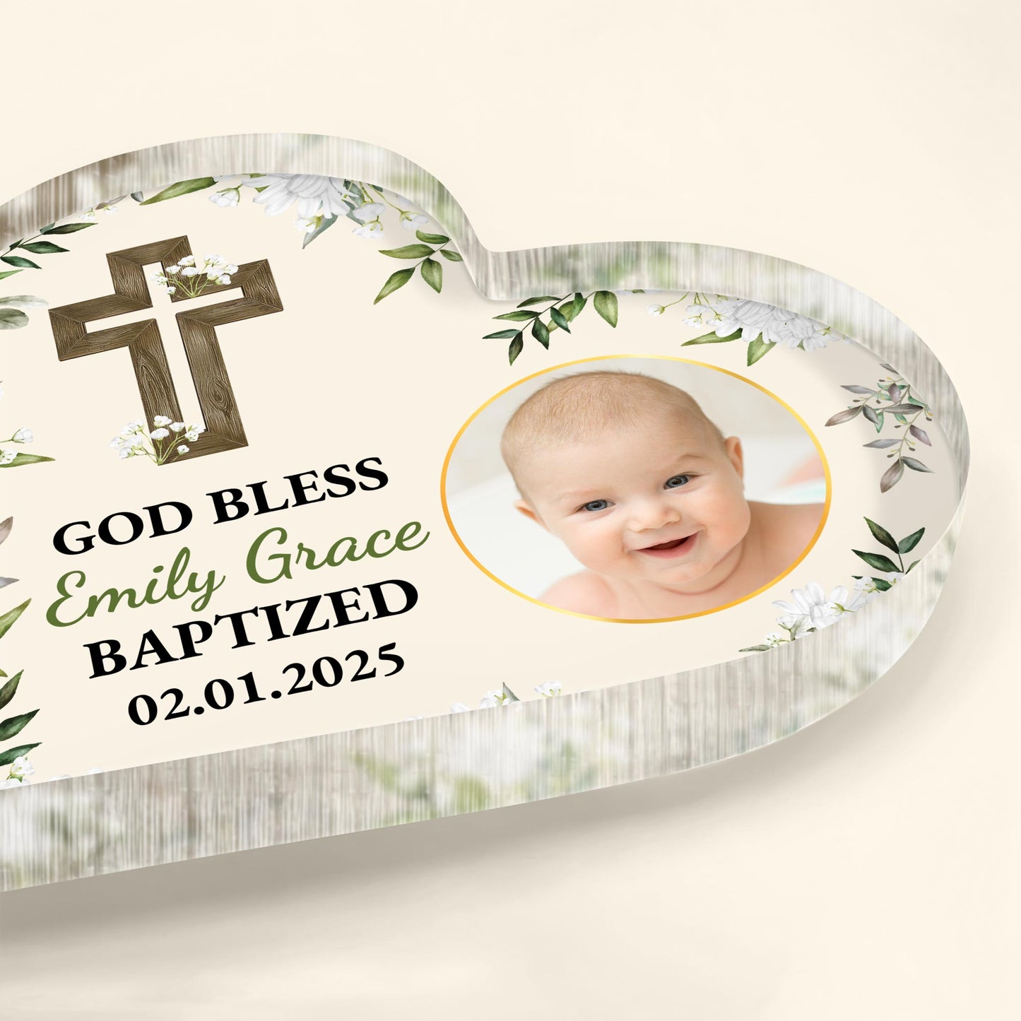 God Bless Emily Grace Baptized, Cross, Baby and Flowers