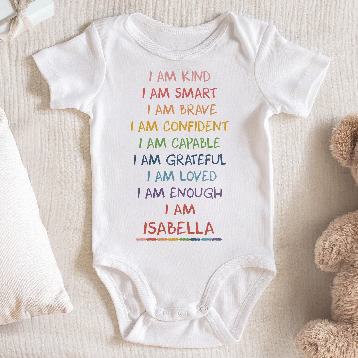 I Am Kind, I Am Smart, I Am Brave, Colorful Text Baby Onesie