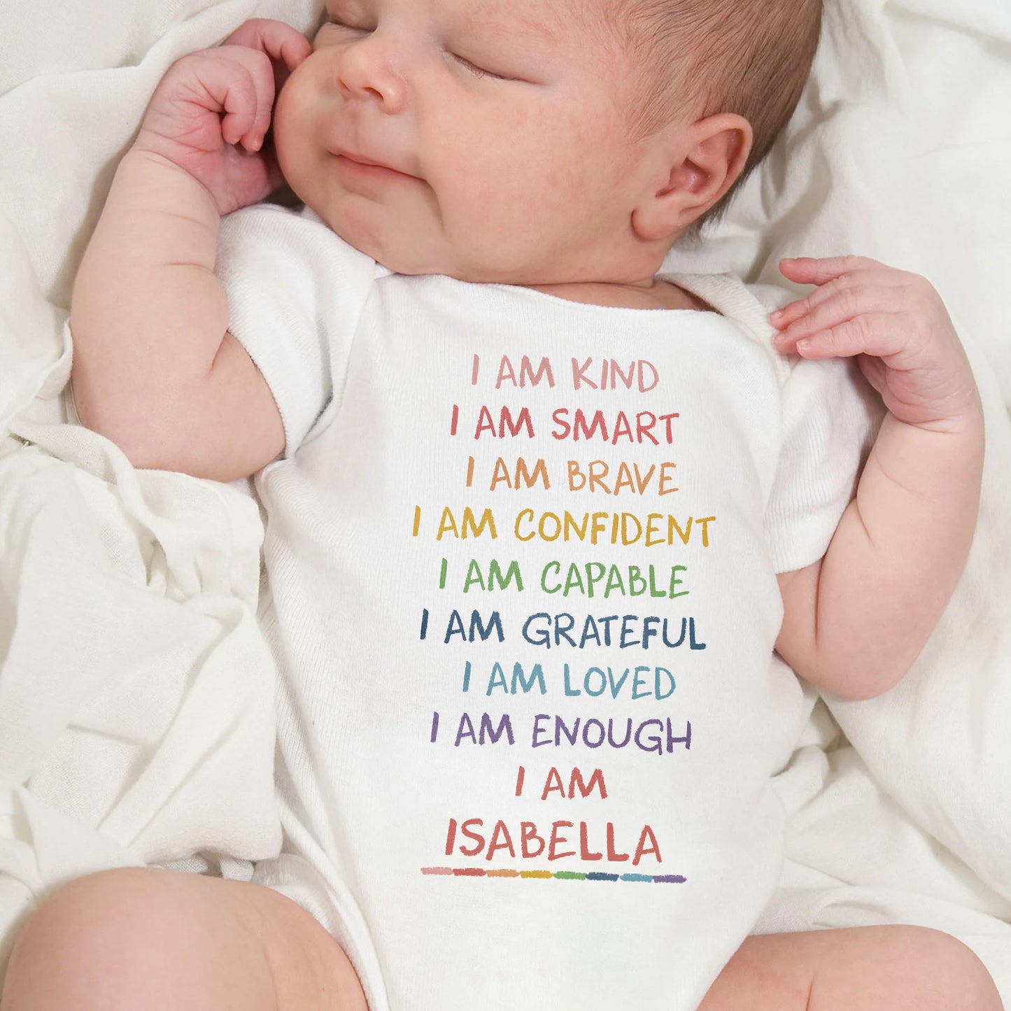 I Am Kind, I Am Smart, I Am Brave, Colorful Text Baby Onesie